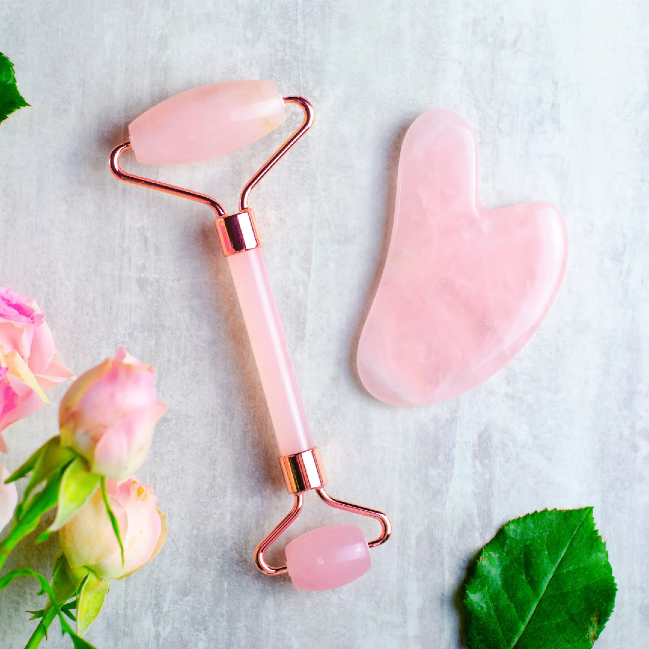 Rose Quartz Roller and Gua Sha Set Astromudra Rose Quartz Roller and Gua Sha Set Astromudra