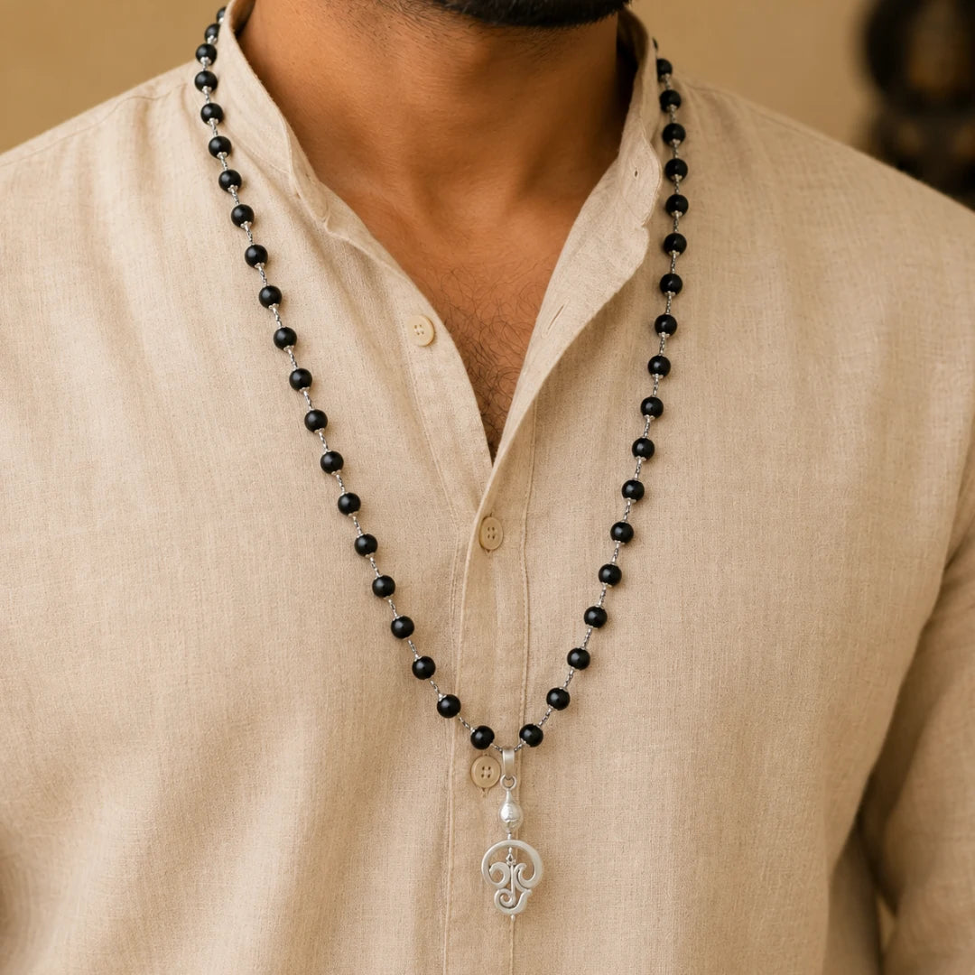 Silver Capped Karungali Malai - Lord Murugan Vel Pendant
