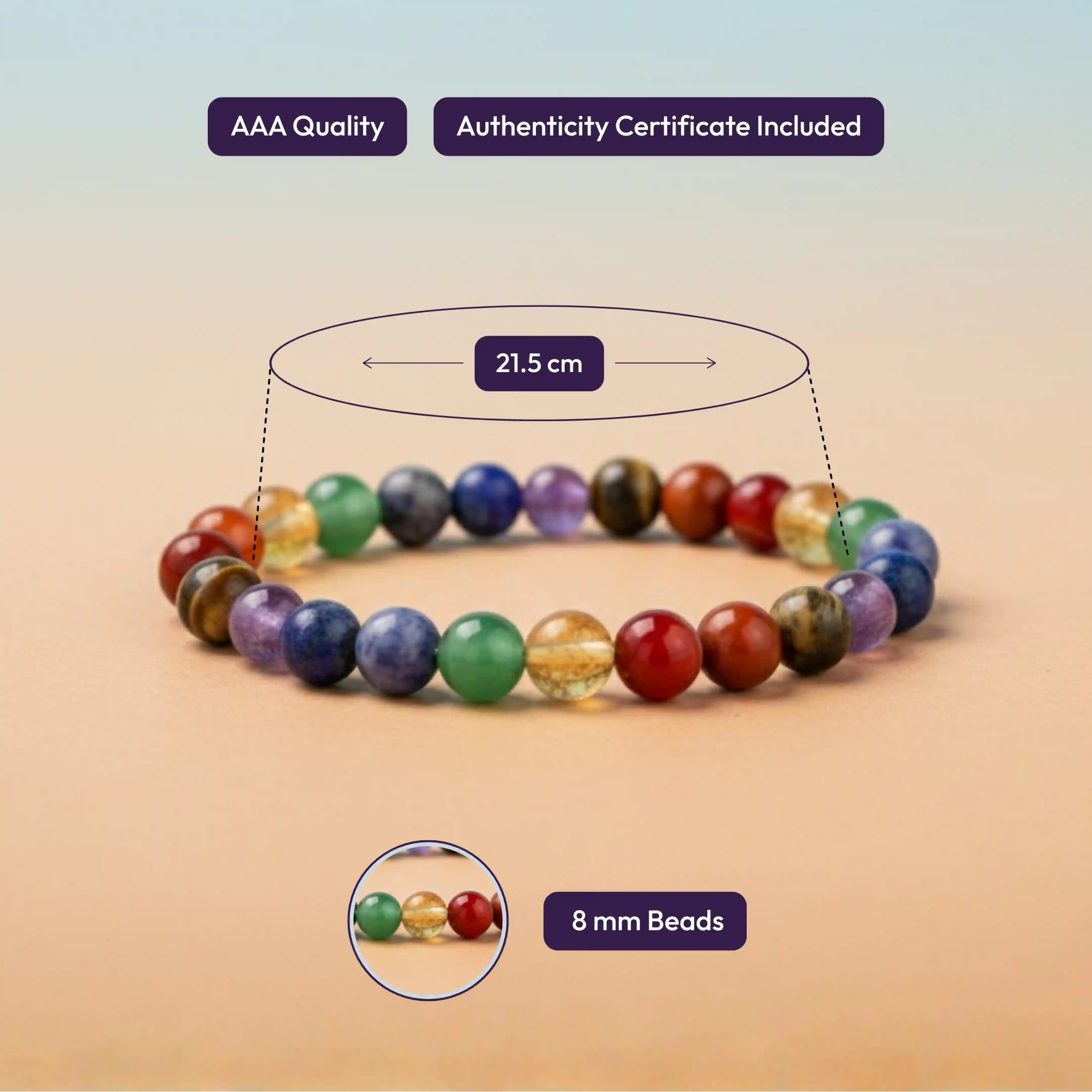 7 Chakra Bracelet - Amethyst, Lapis Lazuli, Sodalite, Green Aventurine, Citrine, Carnelian, Red Jasper, Tiger Eye
