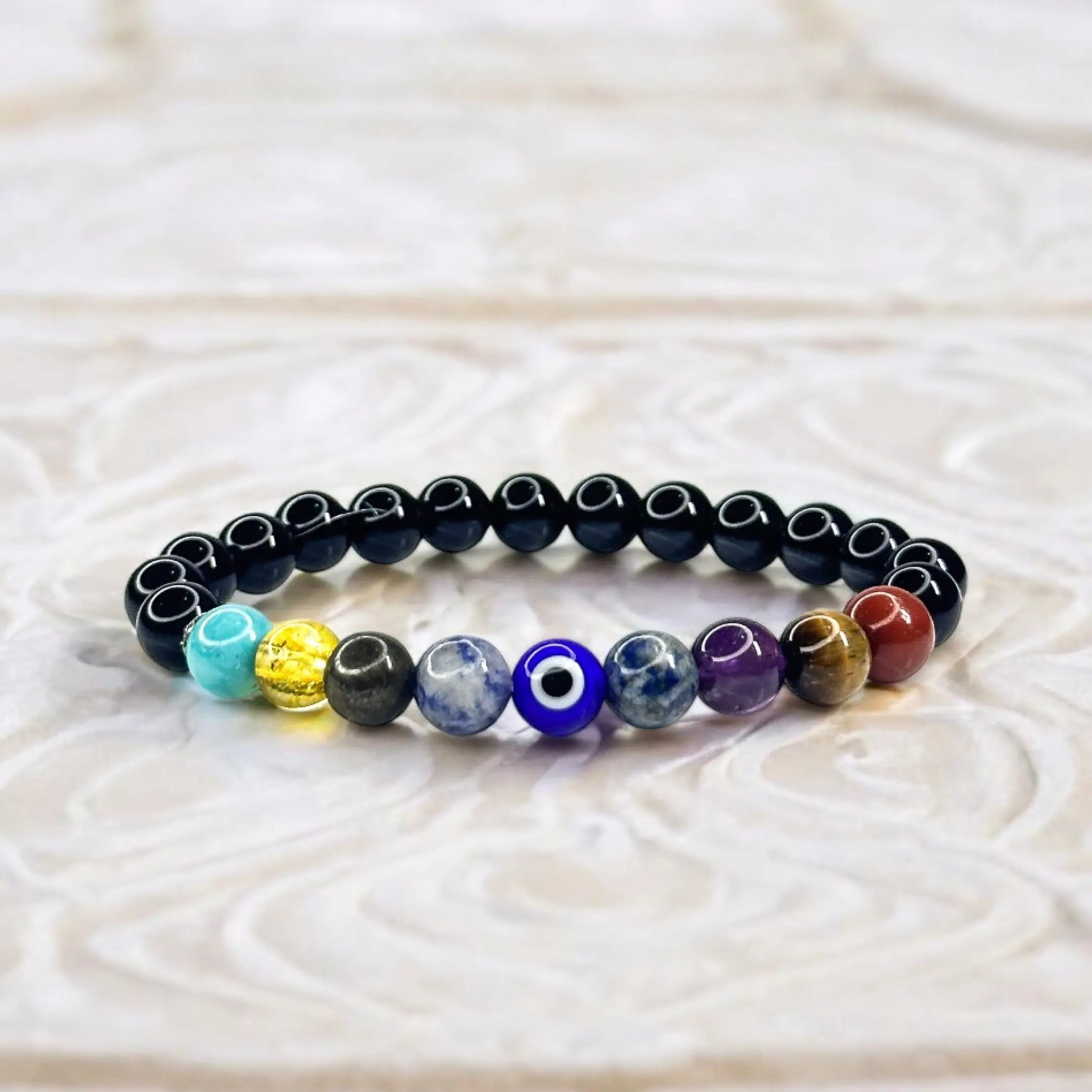 9 Chakra Bracelet - Onyx, Amethyst, Tiger Eye, Carnelian, Sodalite, Lapis Lazuli, Pyrite, Green Aventurine, Citrine