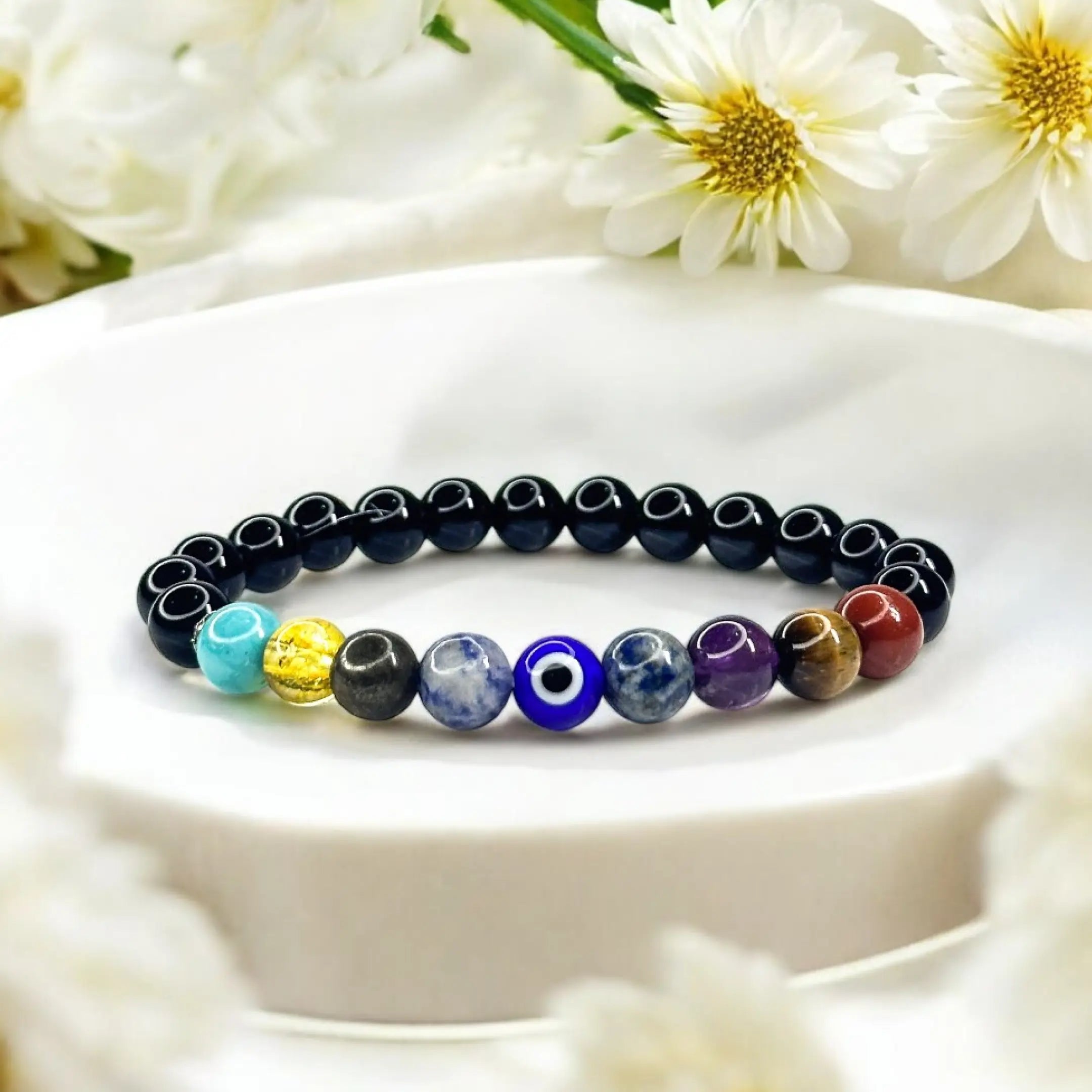 9 Chakra Bracelet - Onyx, Amethyst, Tiger Eye, Carnelian, Sodalite, Lapis Lazuli, Pyrite, Green Aventurine, Citrine