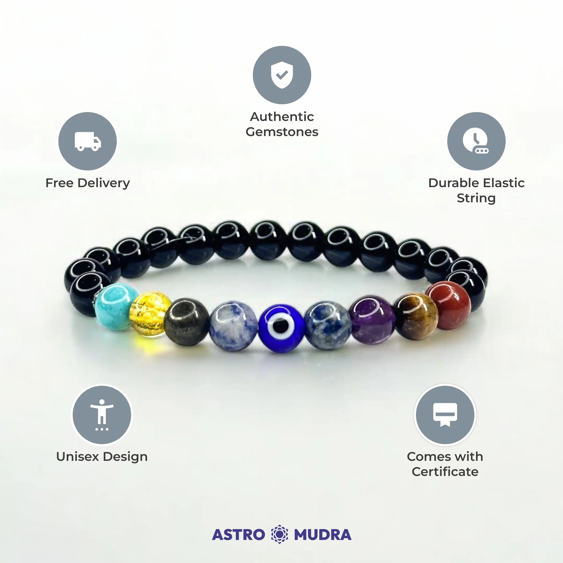 9 Chakra Bracelet - Onyx, Amethyst, Tiger Eye, Carnelian, Sodalite, Lapis Lazuli, Pyrite, Green Aventurine, Citrine