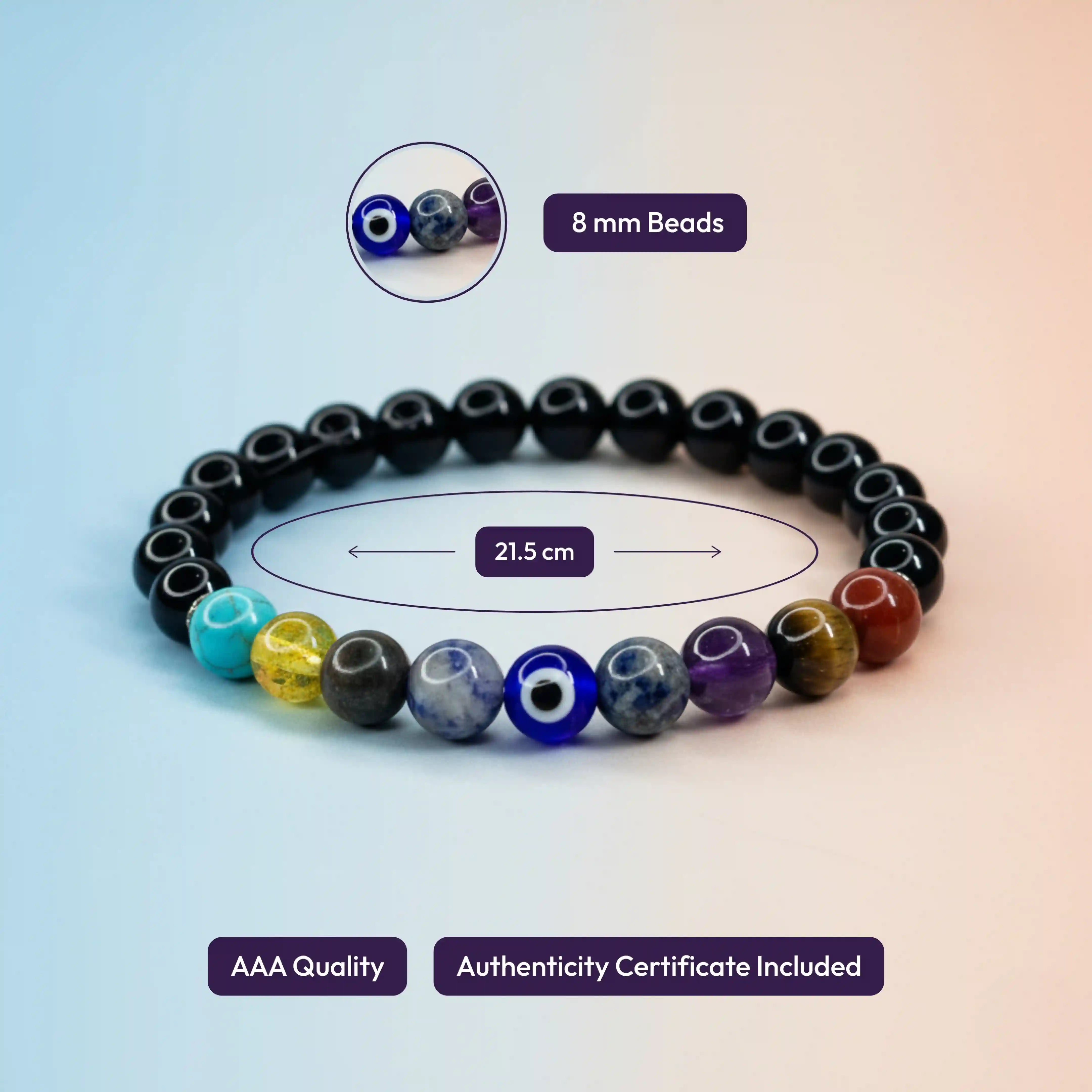 9 Chakra Bracelet - Onyx, Amethyst, Tiger Eye, Carnelian, Sodalite, Lapis Lazuli, Pyrite, Turquoise, Citrine