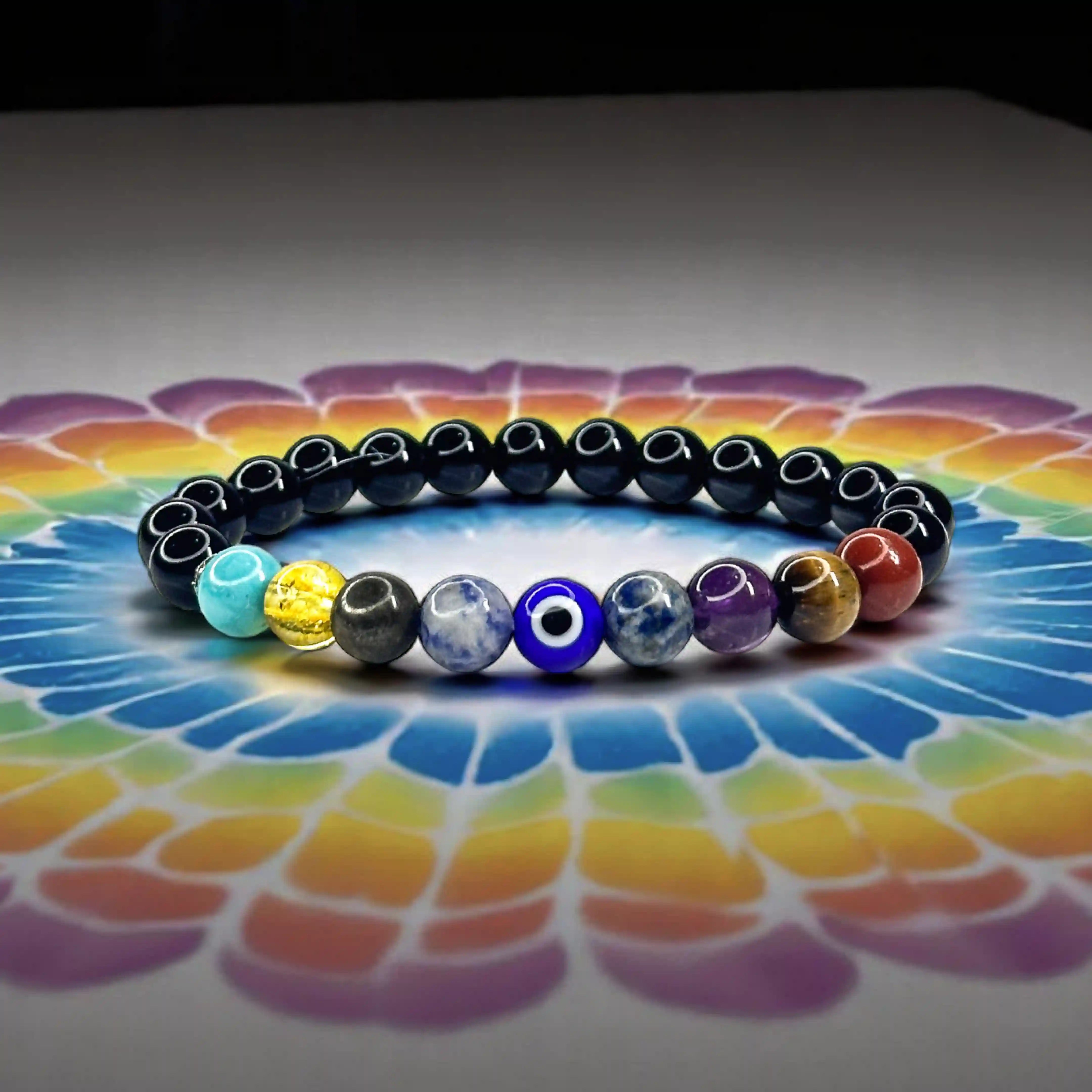 9 Chakra Bracelet - Onyx, Amethyst, Tiger Eye, Carnelian, Sodalite, Lapis Lazuli, Pyrite, Green Aventurine, Citrine