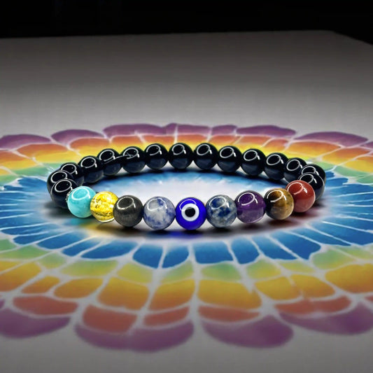 9 Chakra Bracelet - Onyx, Amethyst, Tiger Eye, Carnelian, Sodalite, Lapis Lazuli, Pyrite, Green Aventurine, Citrine