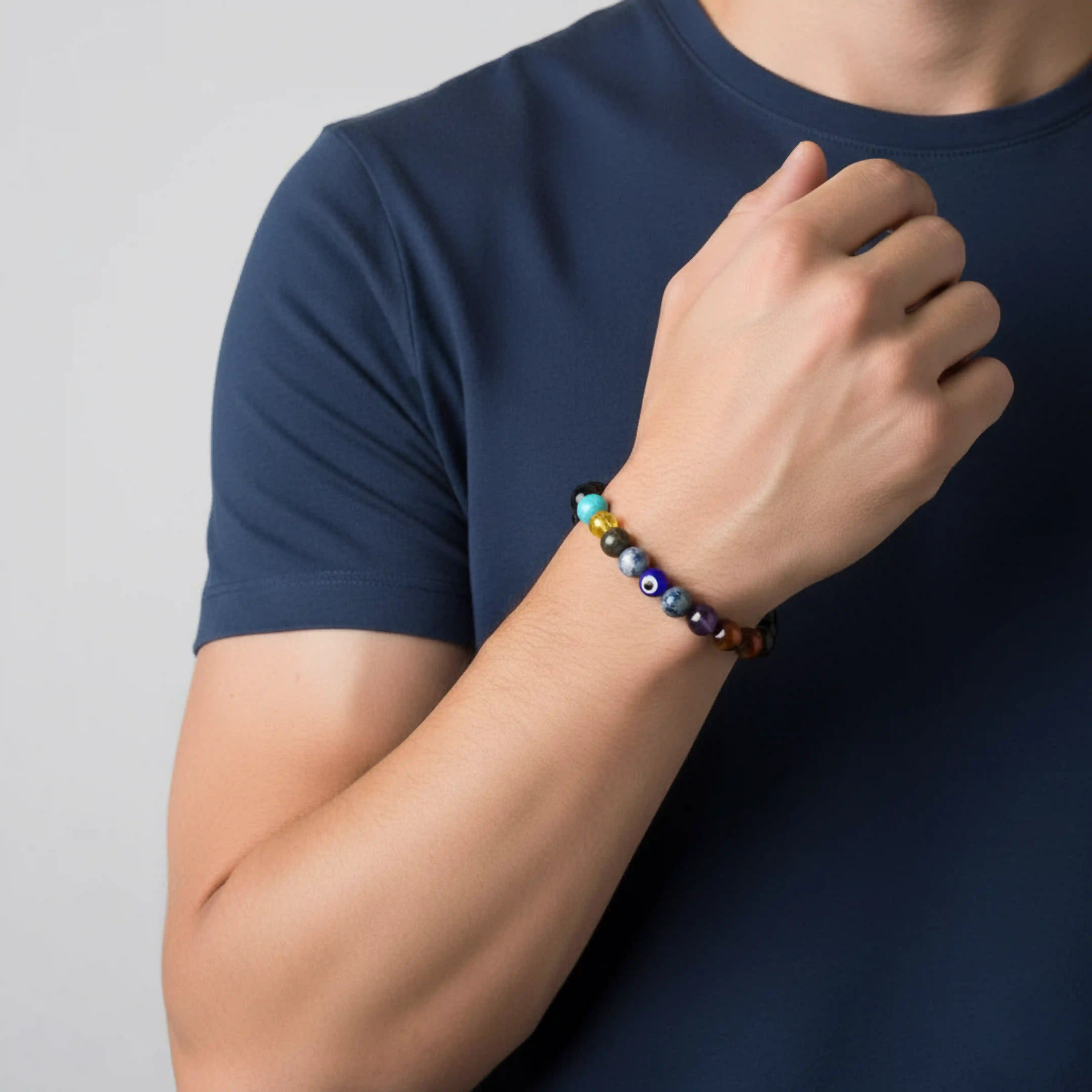 9 Chakra Bracelet - Onyx, Amethyst, Tiger Eye, Carnelian, Sodalite, Lapis Lazuli, Pyrite, Turquoise, Citrine