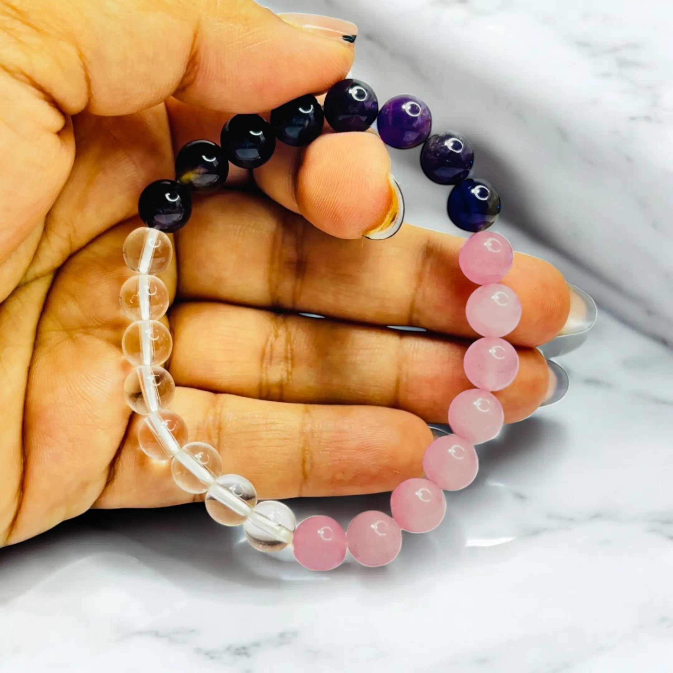 Amethyst, Clear Quartz & Rose Quartz Bracelet (Triple Harmony Bracelet)