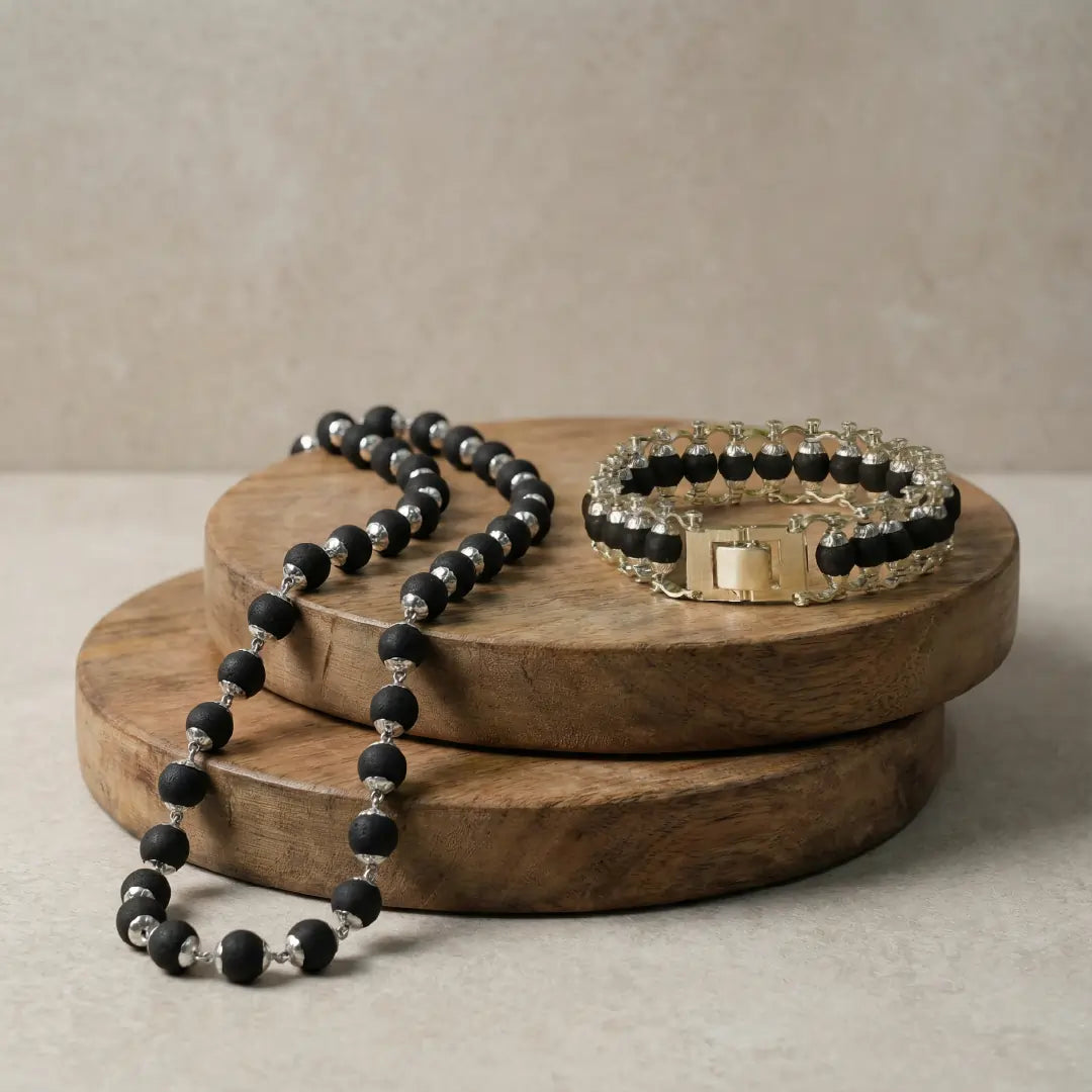 Karungali Silver Capped Combo - Karungali Mala + Bracelet