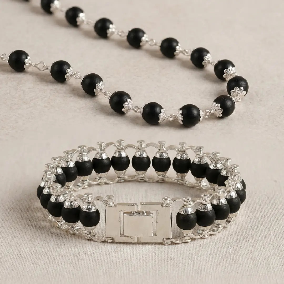 Karungali Silver Capped Combo - Karungali Mala + Bracelet
