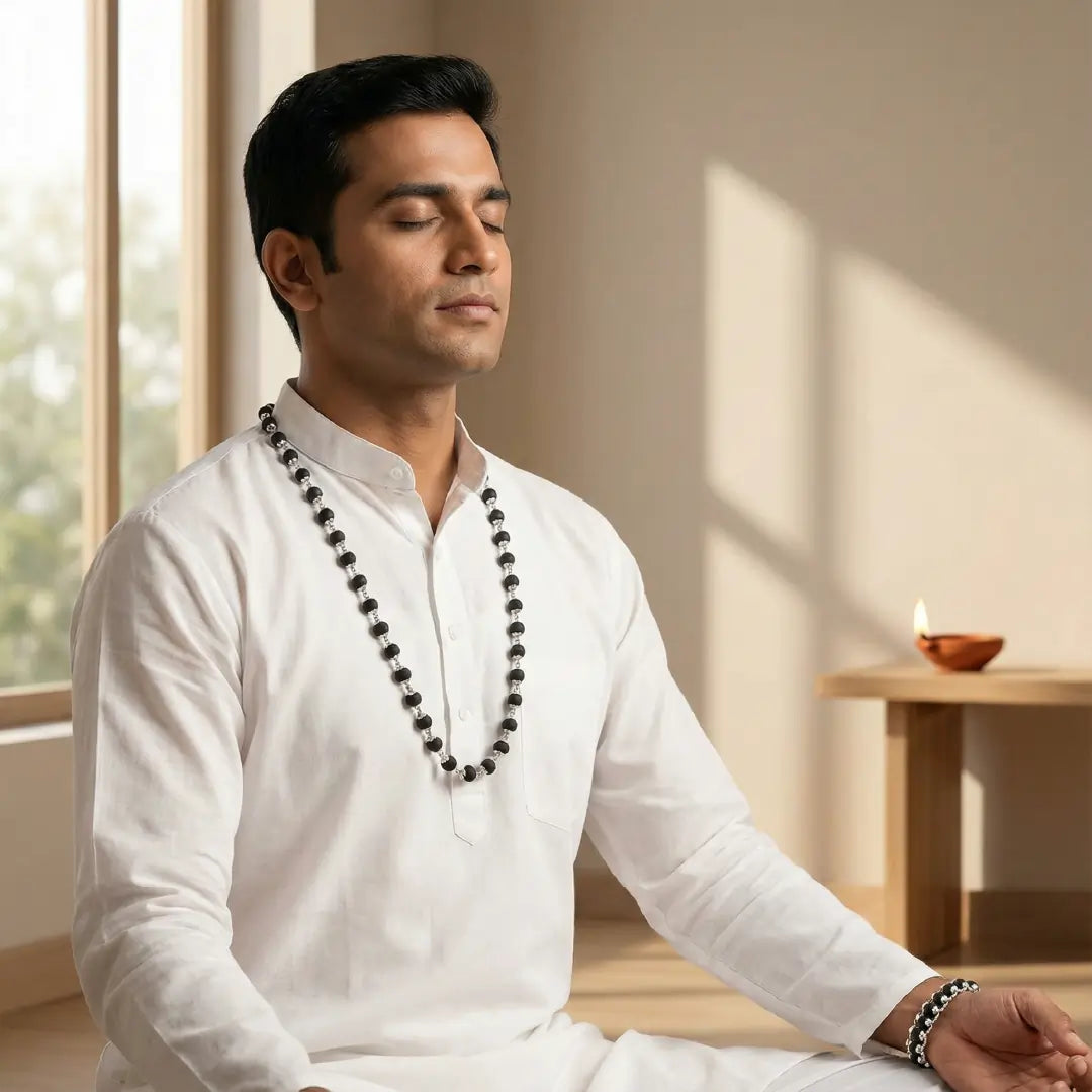 Karungali Silver Capped Combo - Karungali Mala + Bracelet