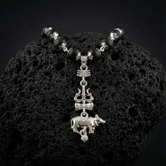Silver Capped Karungali Malai - Trishul Nandi Pendant