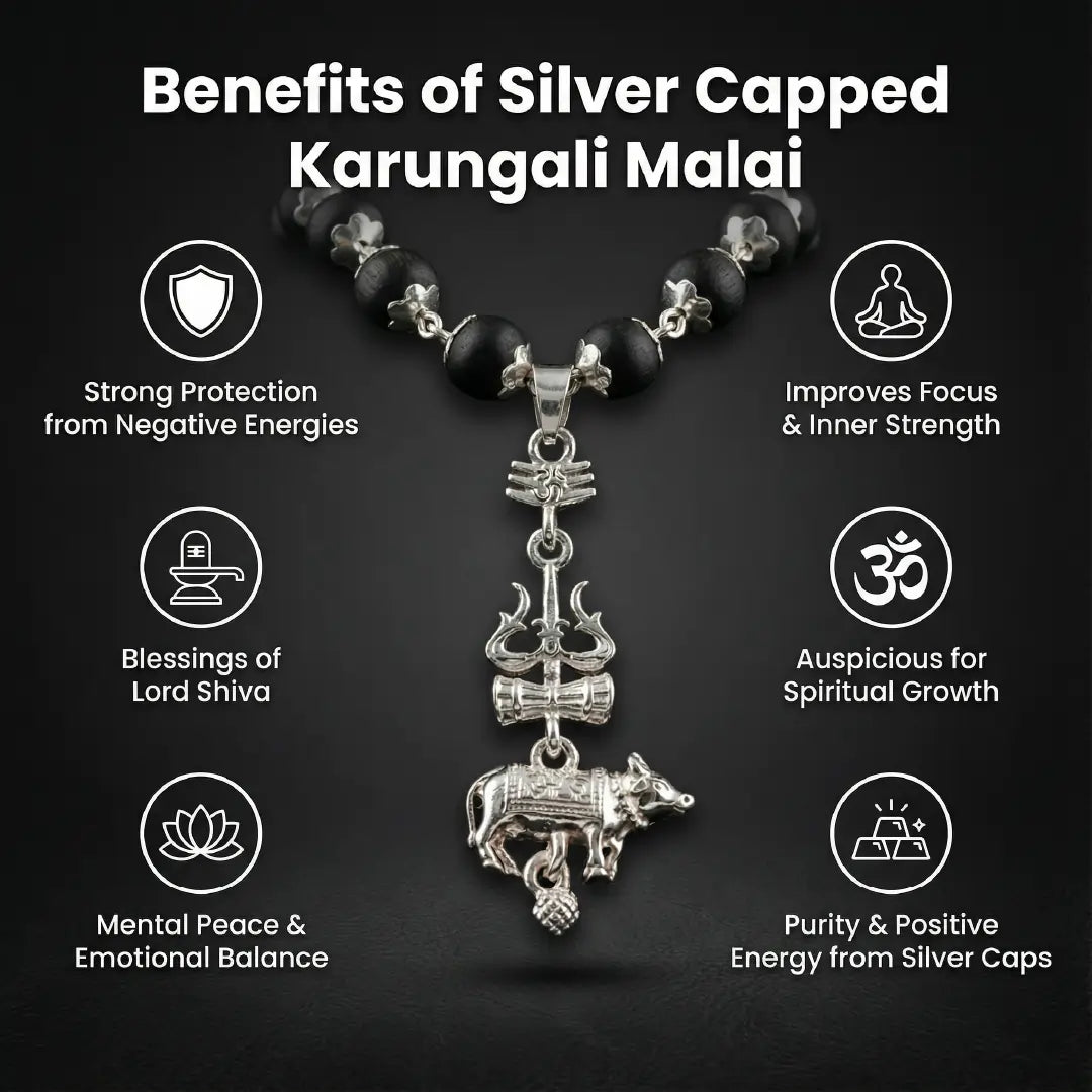 Silver Capped Karungali Malai - Trishul Nandi Pendant