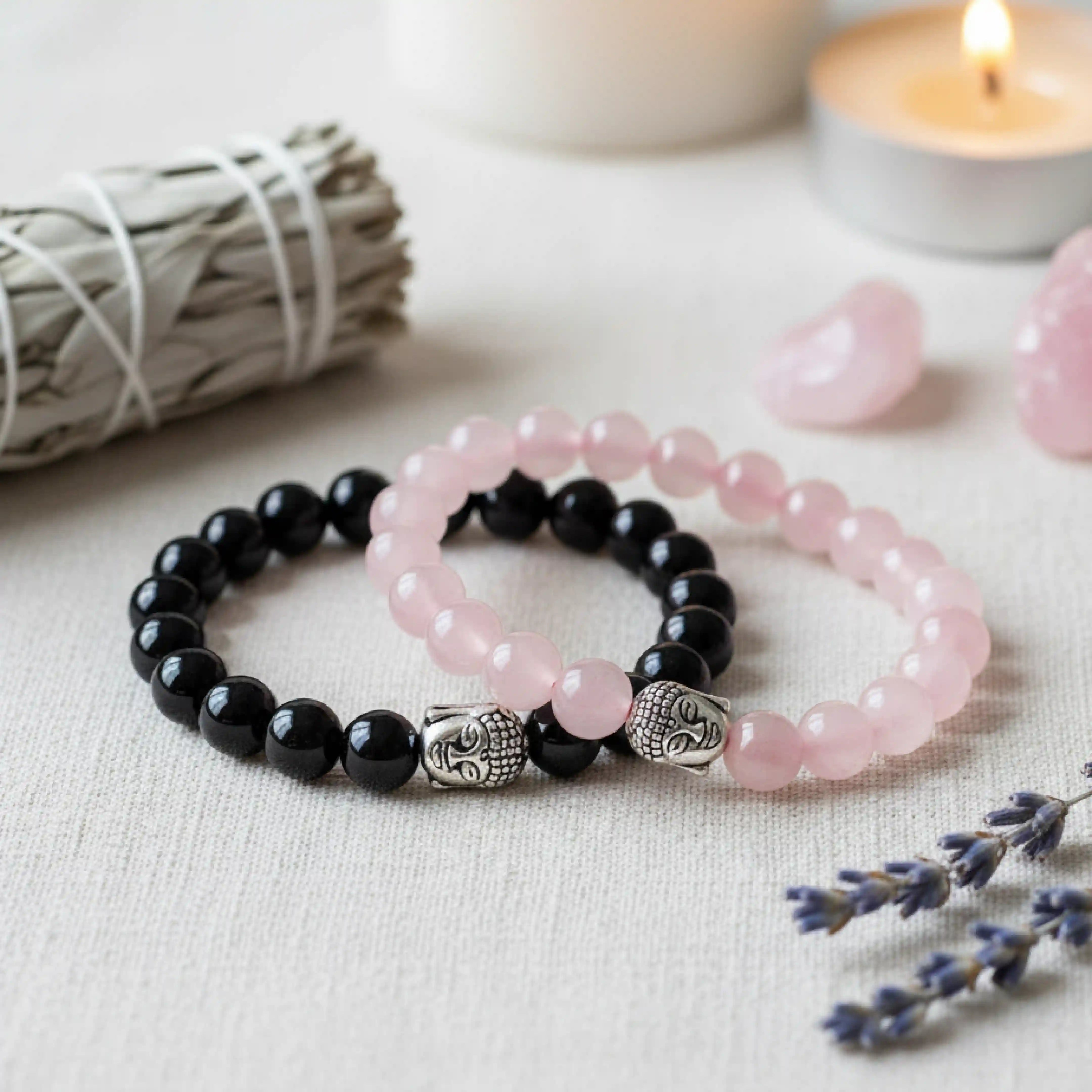 Black and Pink Bracelet - Black Tourmaline & Rose Quartz