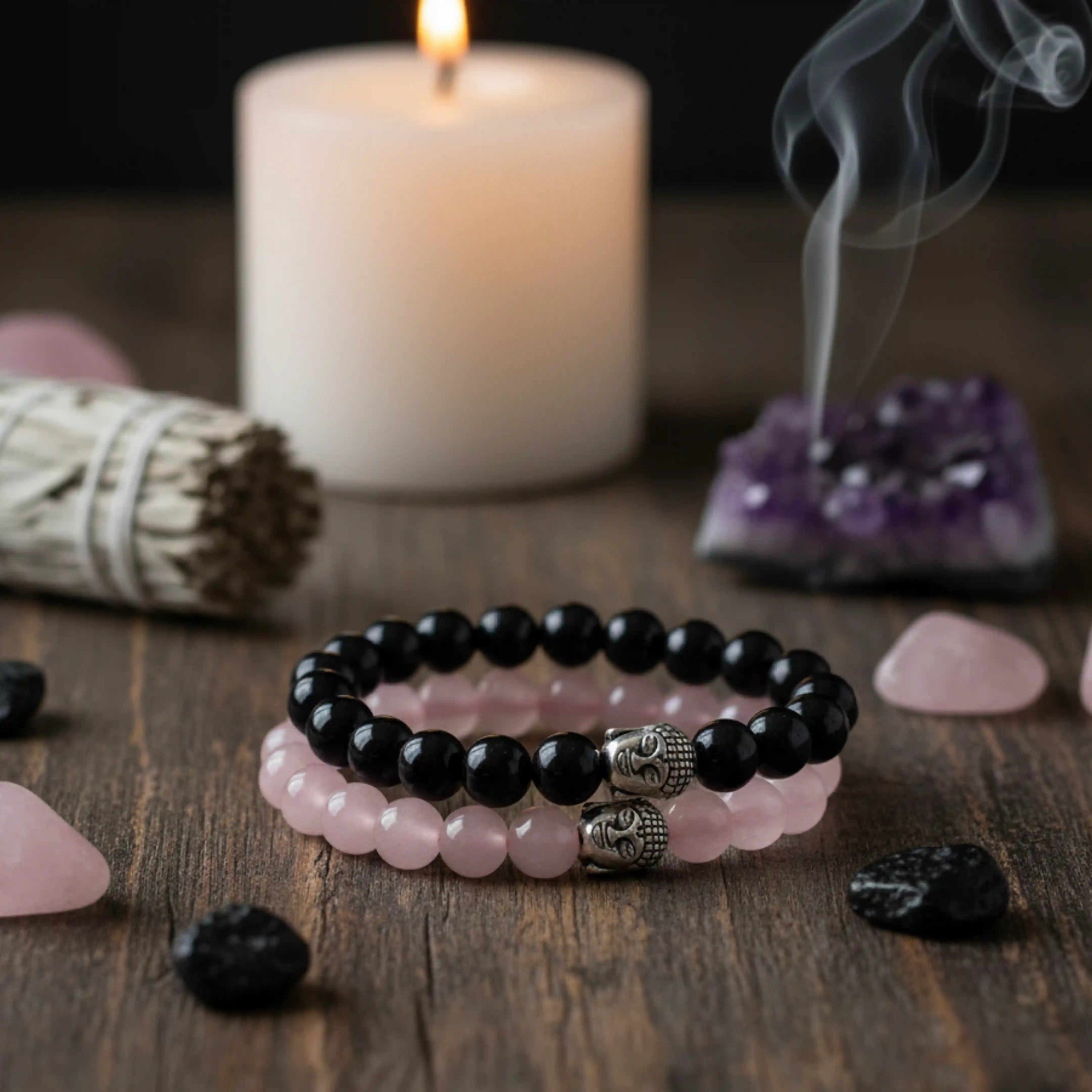 Black and Pink Bracelet - Black Tourmaline & Rose Quartz