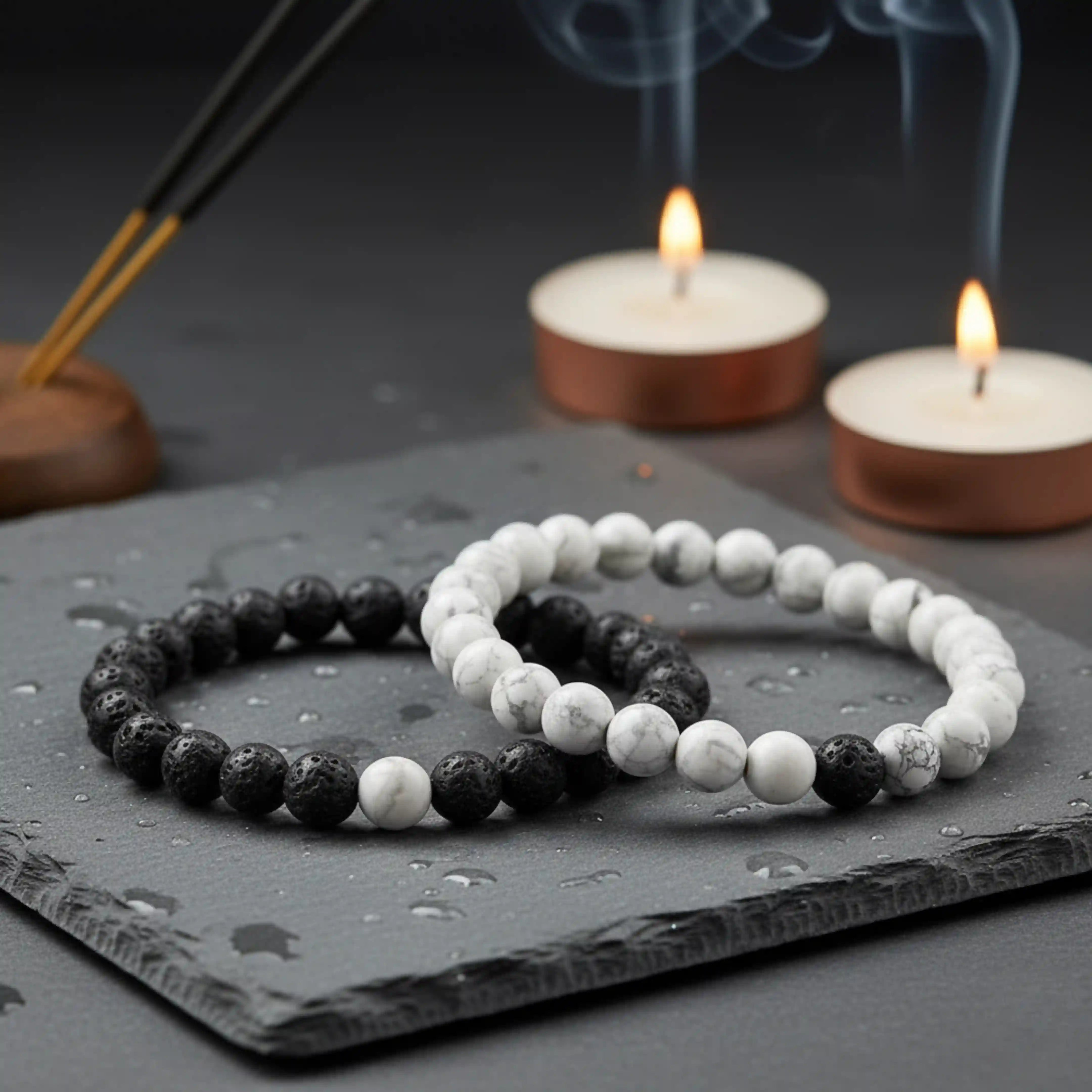 Black and White Bracelets for Couples - Howlite & Lava Stone
