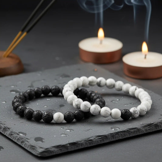 Black and White Bracelets for Couples - Howlite & Lava Stone