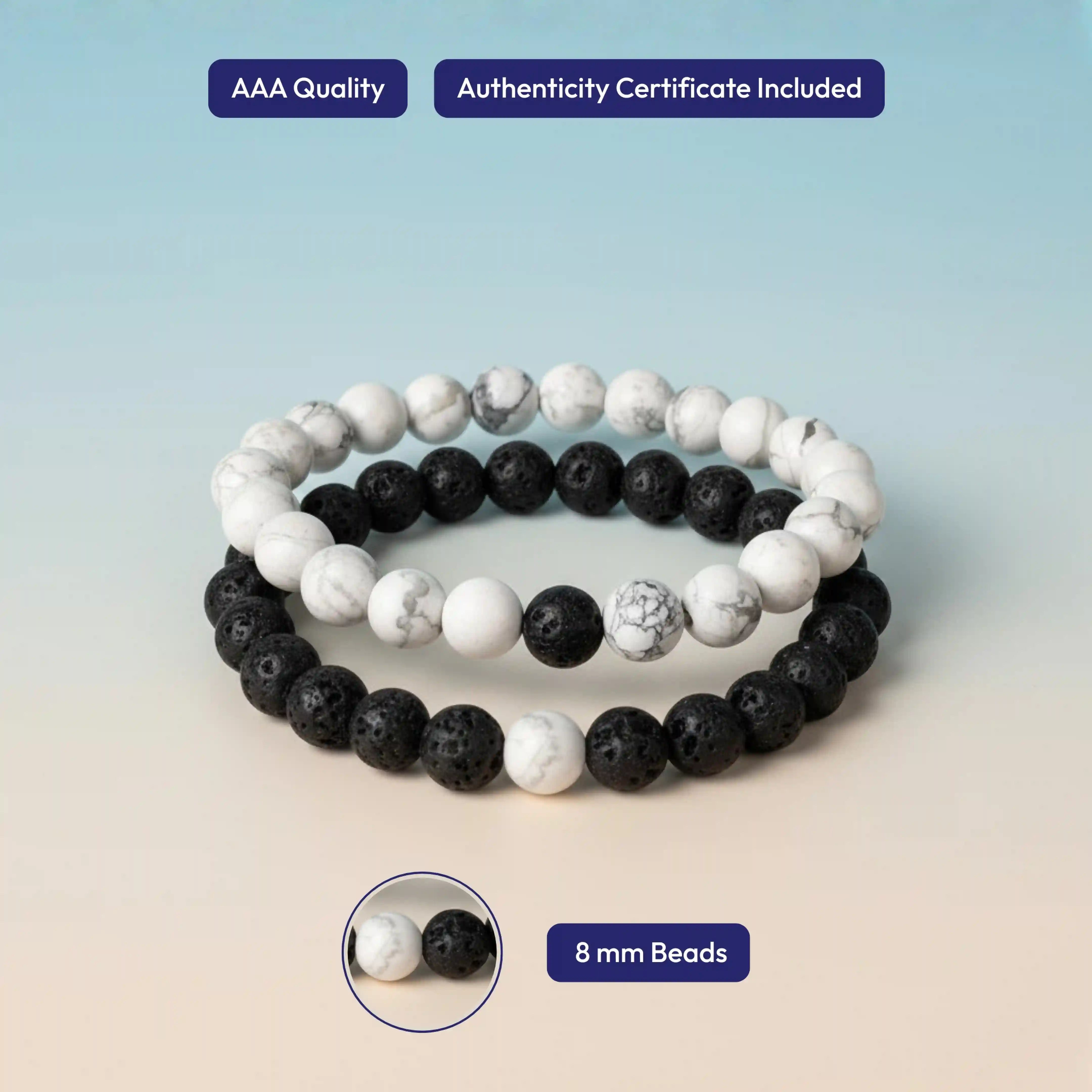 Black and White Bracelets for Couples - Howlite & Lava Stone