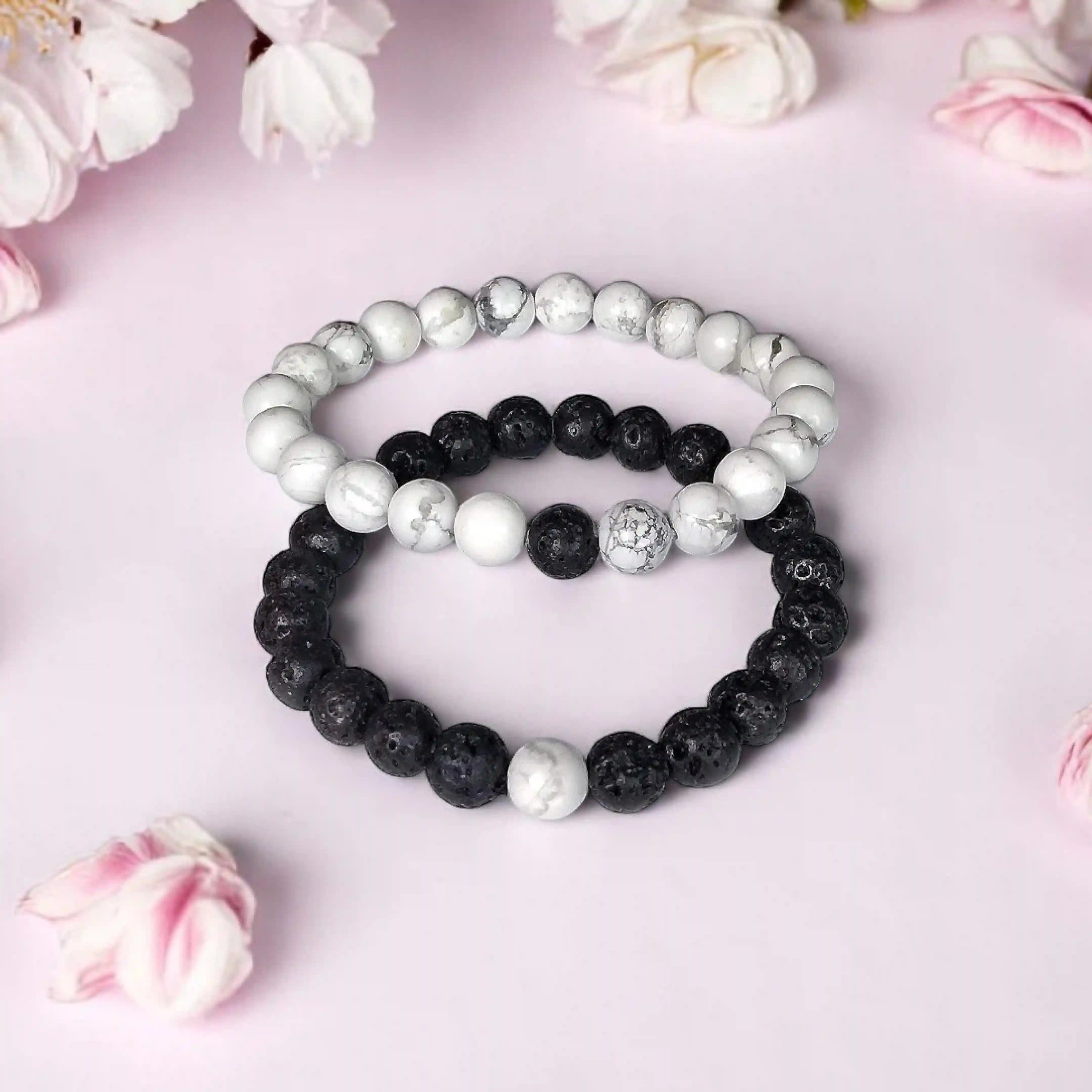 Black and White Bracelets for Couples - Howlite & Lava Stone
