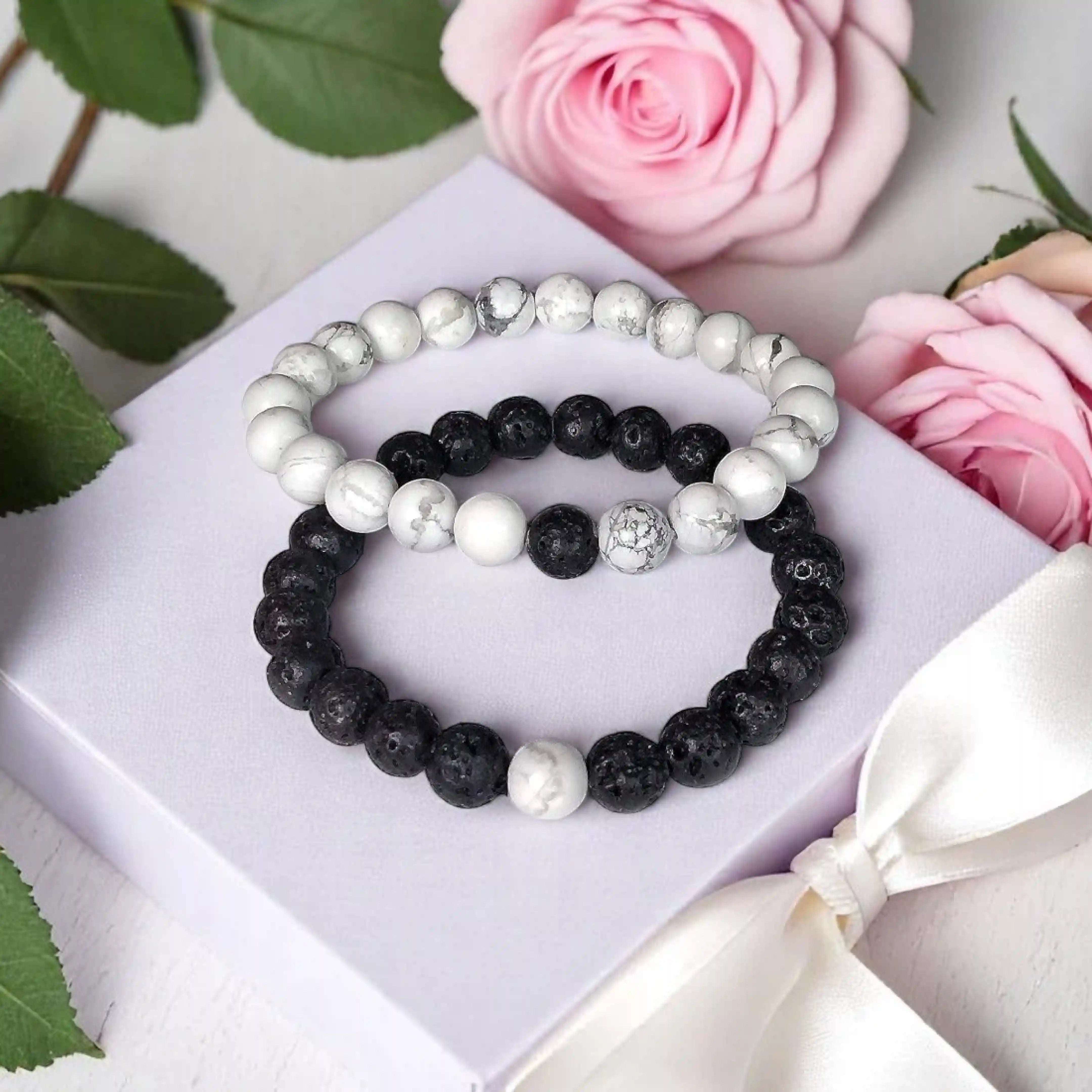 Black and White Bracelets for Couples - Howlite & Lava Stone
