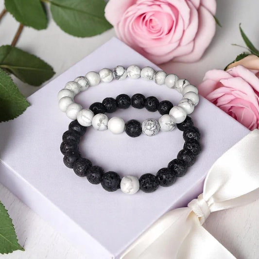 Black and White Bracelets for Couples - Howlite & Lava Stone