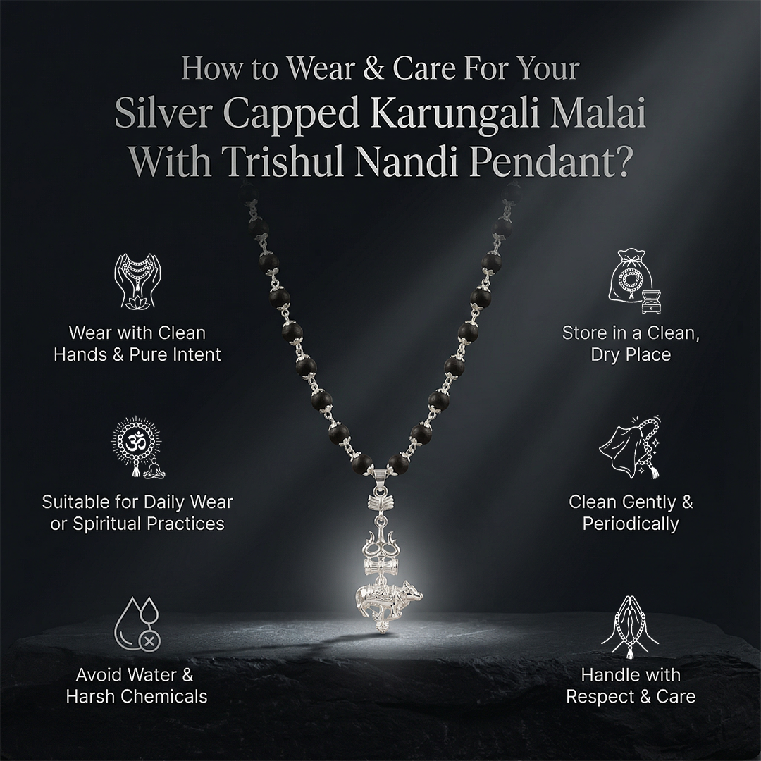 Silver Capped Karungali Malai - Trishul Nandi Pendant