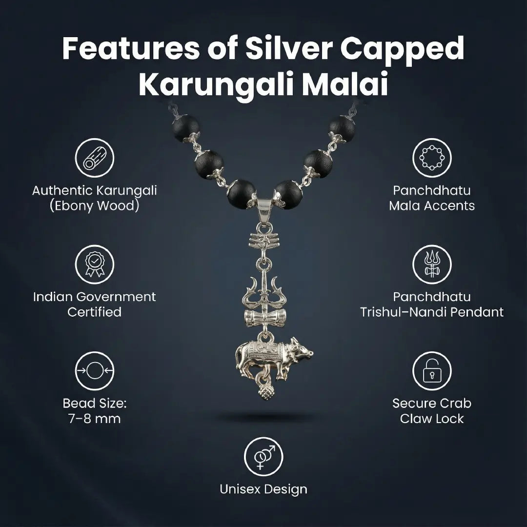 Silver Capped Karungali Malai - Trishul Nandi Pendant
