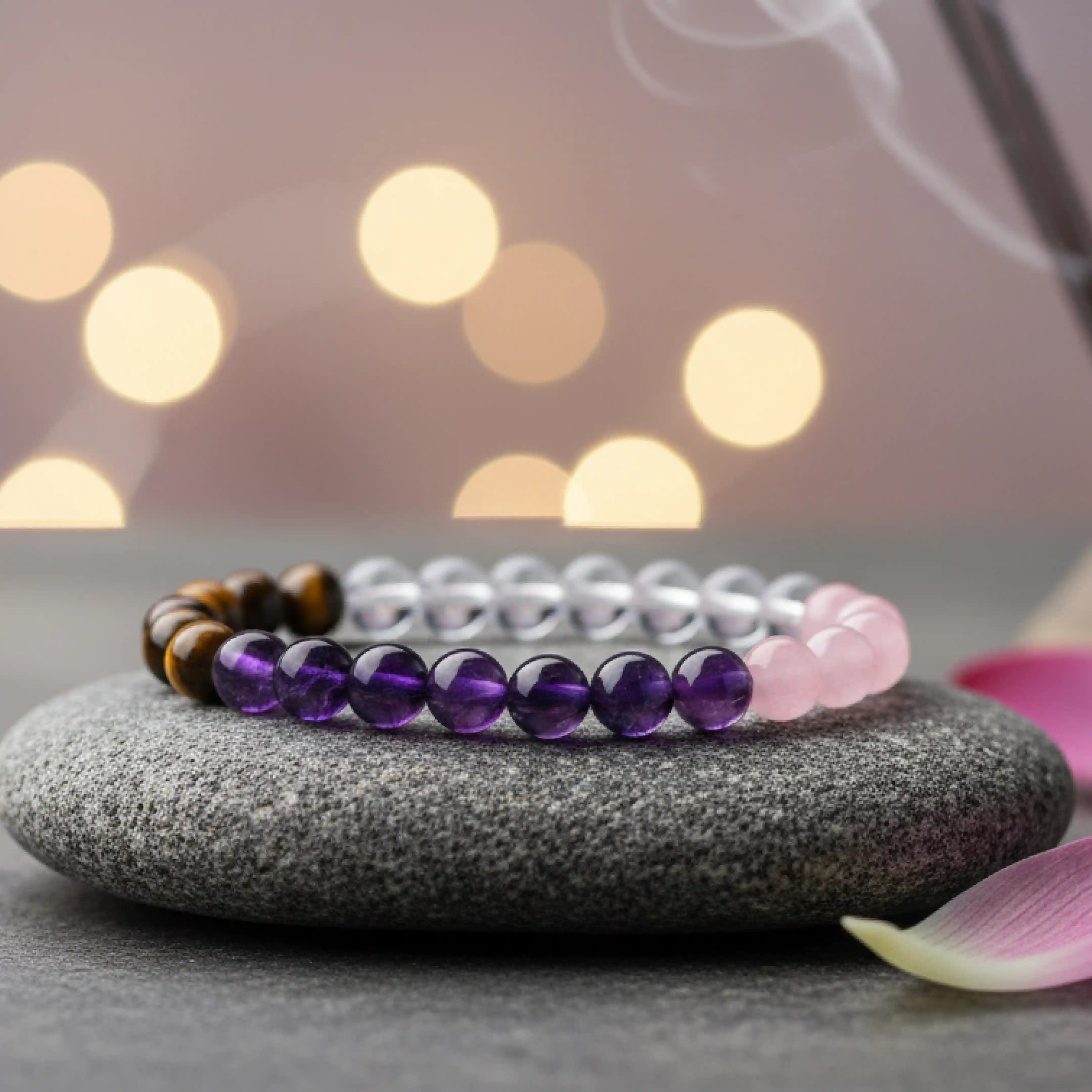 Focus Concentration Bracelet - Tiger Eye, Amethyst, Clear Quartz, & Rose Quartz