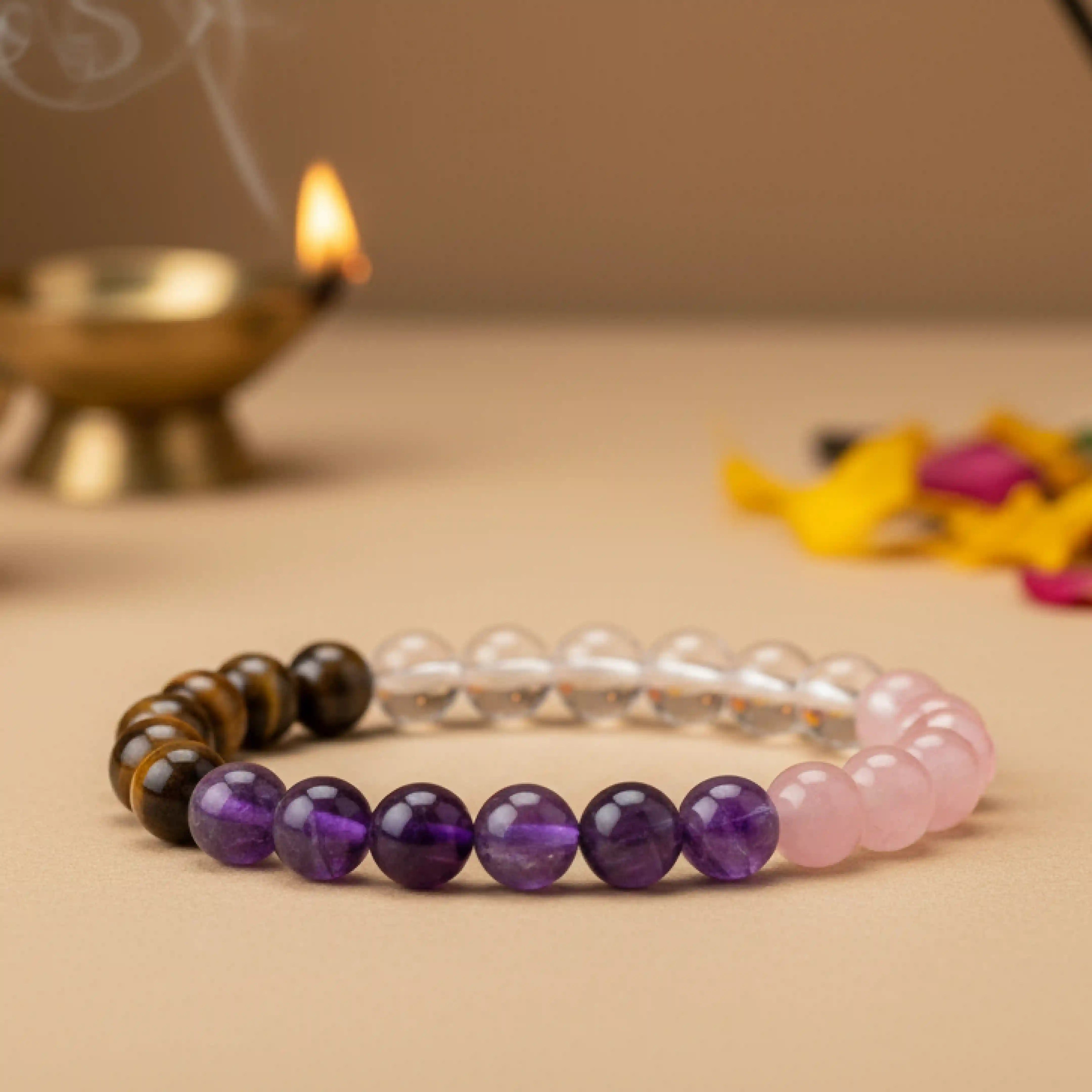 Focus Concentration Bracelet - Tiger Eye, Amethyst, Clear Quartz, & Rose Quartz