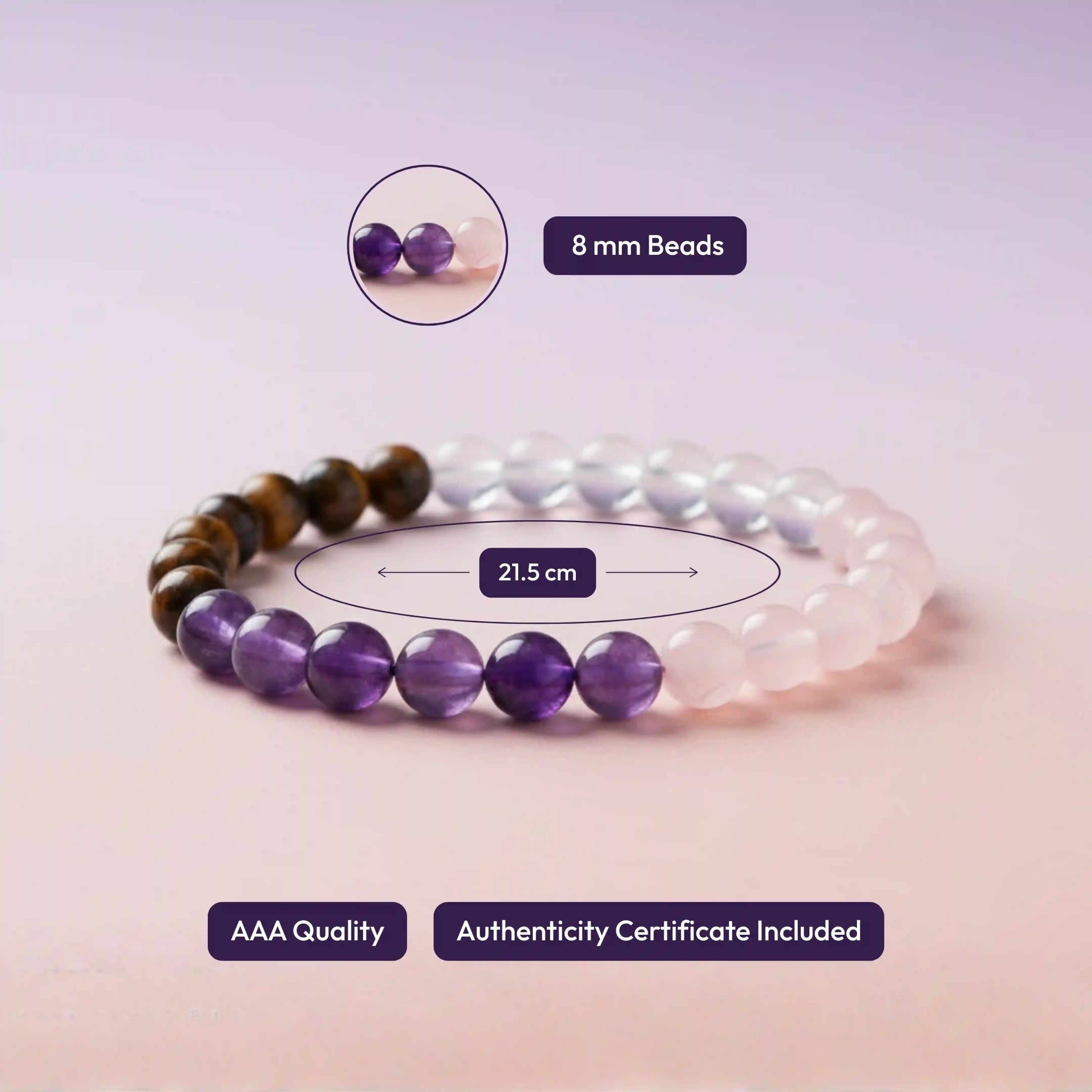 Focus Concentration Bracelet - Tiger Eye, Amethyst, Clear Quartz, & Rose Quartz