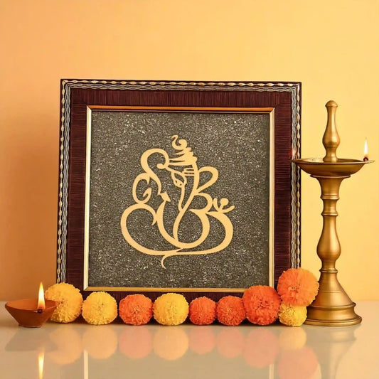 Ganesh Photo Frame on Raw Pyrite