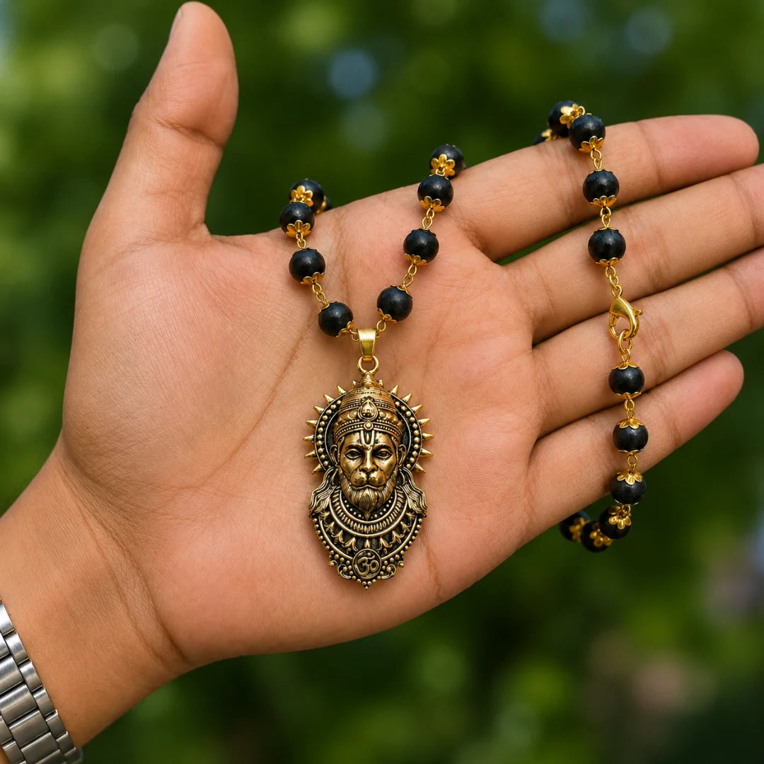 Gold Plated Karungali Mala With Hanuman Ji Pendant