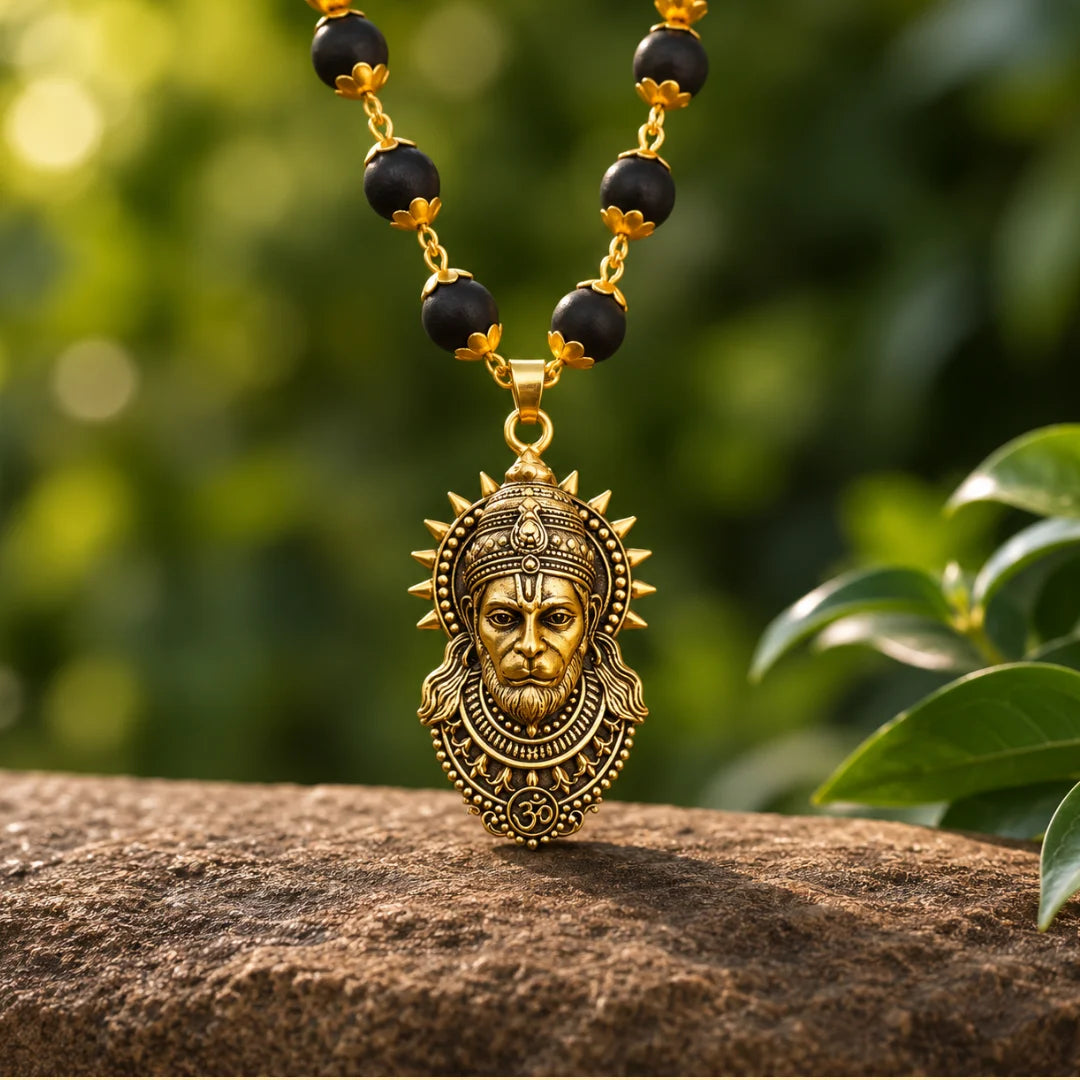 Gold Plated Karungali Mala With Hanuman Ji Pendant