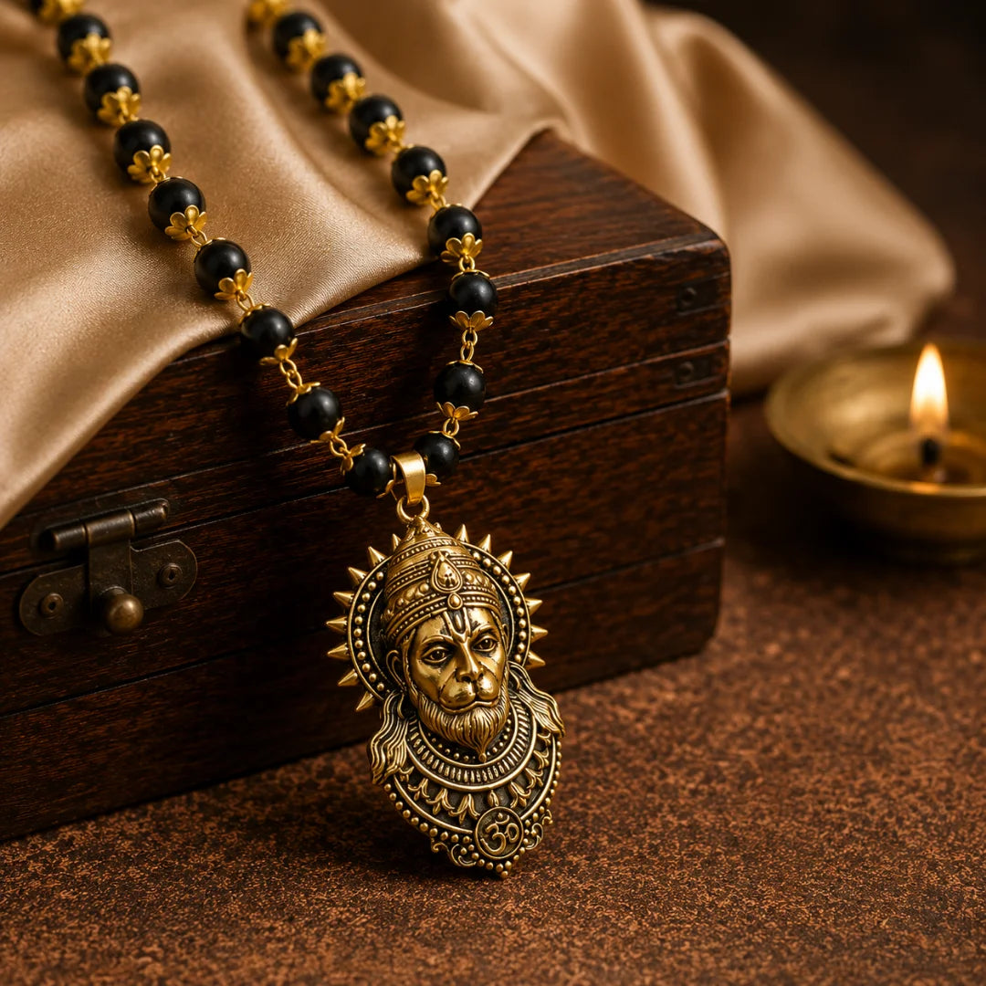 Gold Plated Karungali Mala With Hanuman Ji Pendant