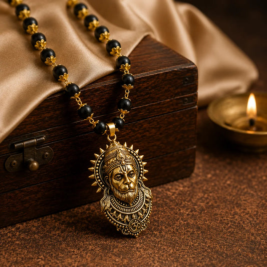 Gold Plated Karungali Mala With Hanuman Ji Pendant