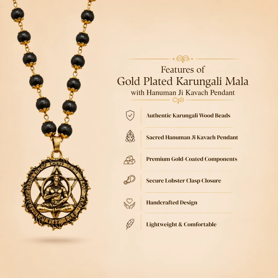 Gold Plated Karungali Mala with Hanuman Ji Kavach Pendant
