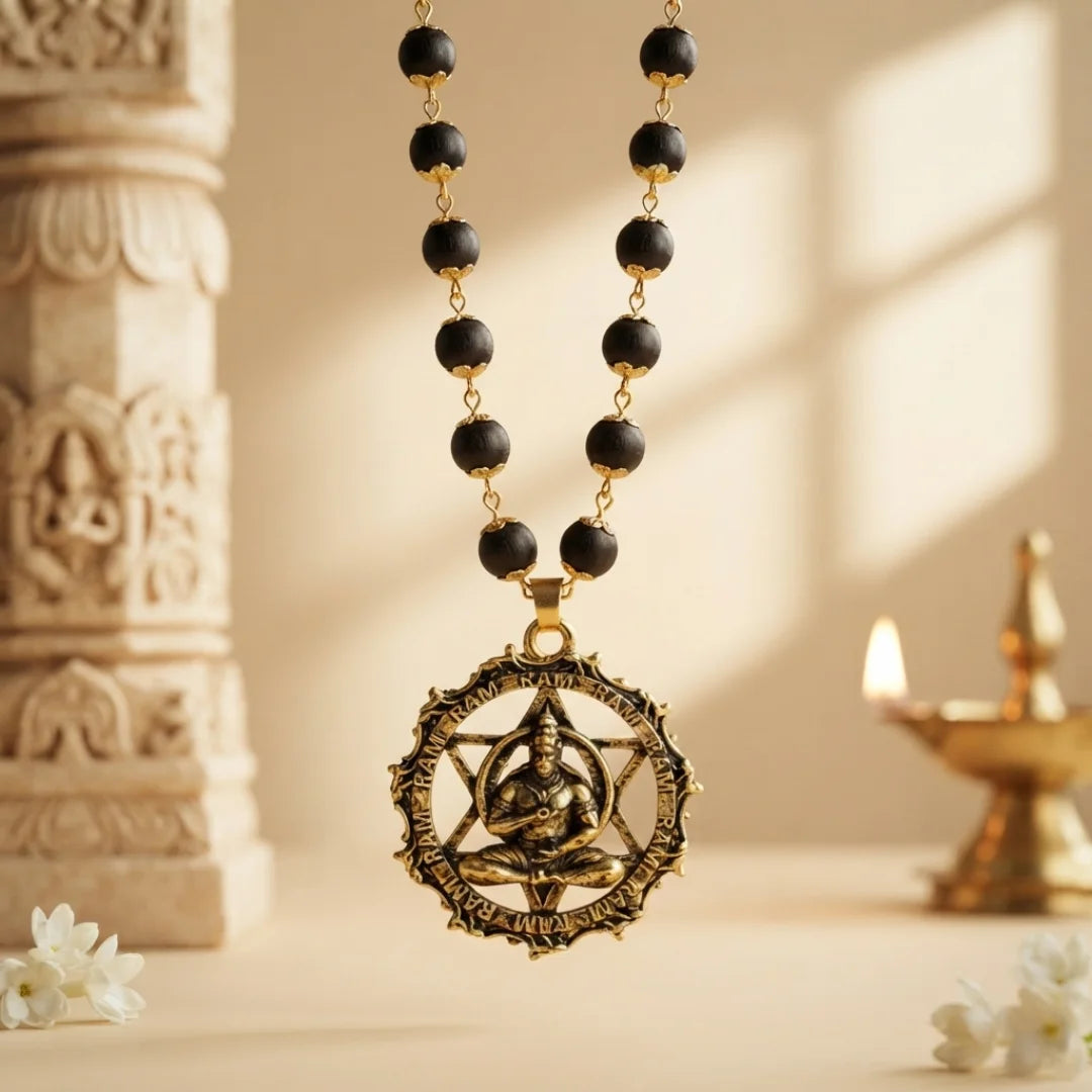 Gold Plated Karungali Mala with Hanuman Ji Kavach Pendant
