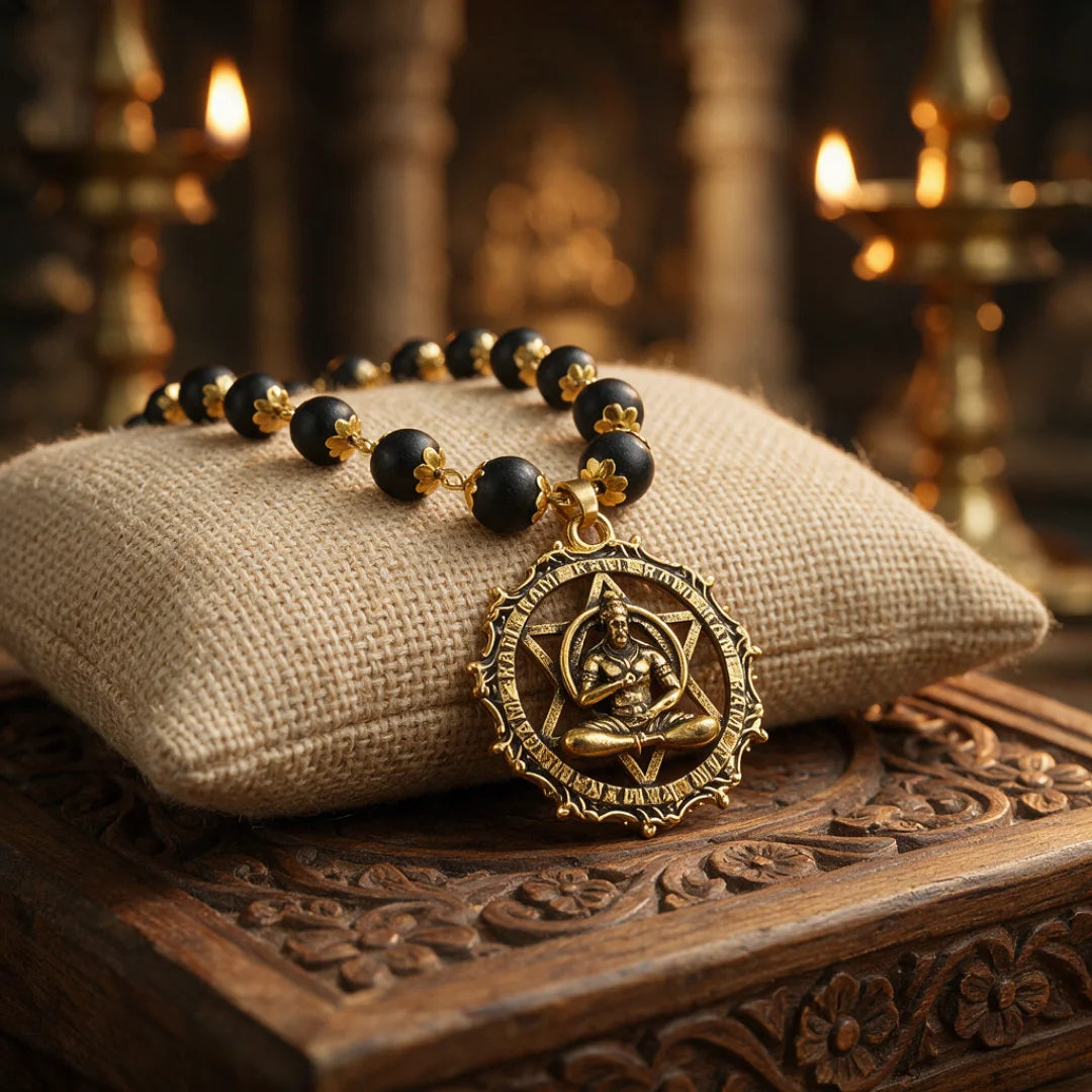Gold Plated Karungali Mala with Hanuman Ji Kavach Pendant
