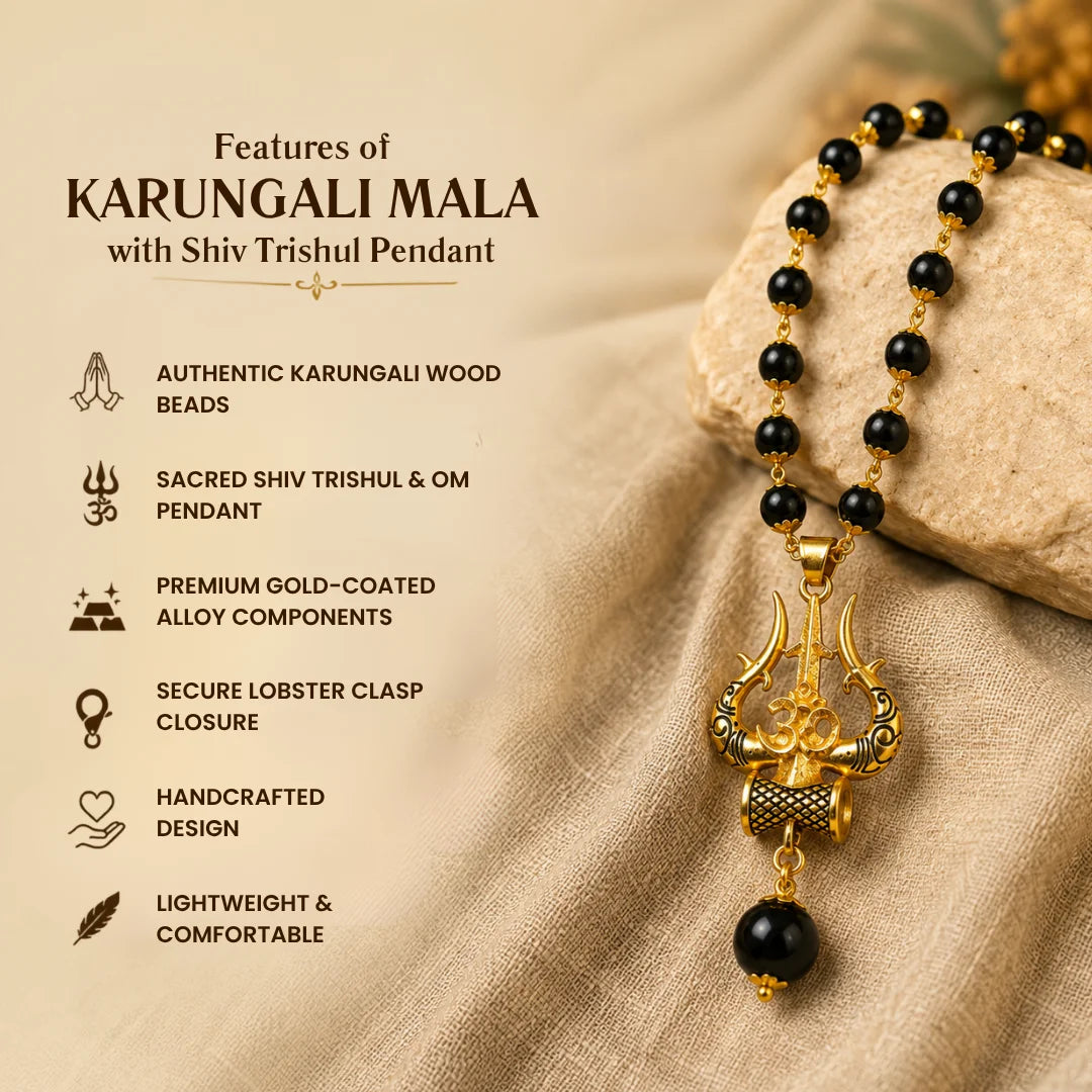 Gold Plated Karungali Mala with Shiv Trishul Pendant