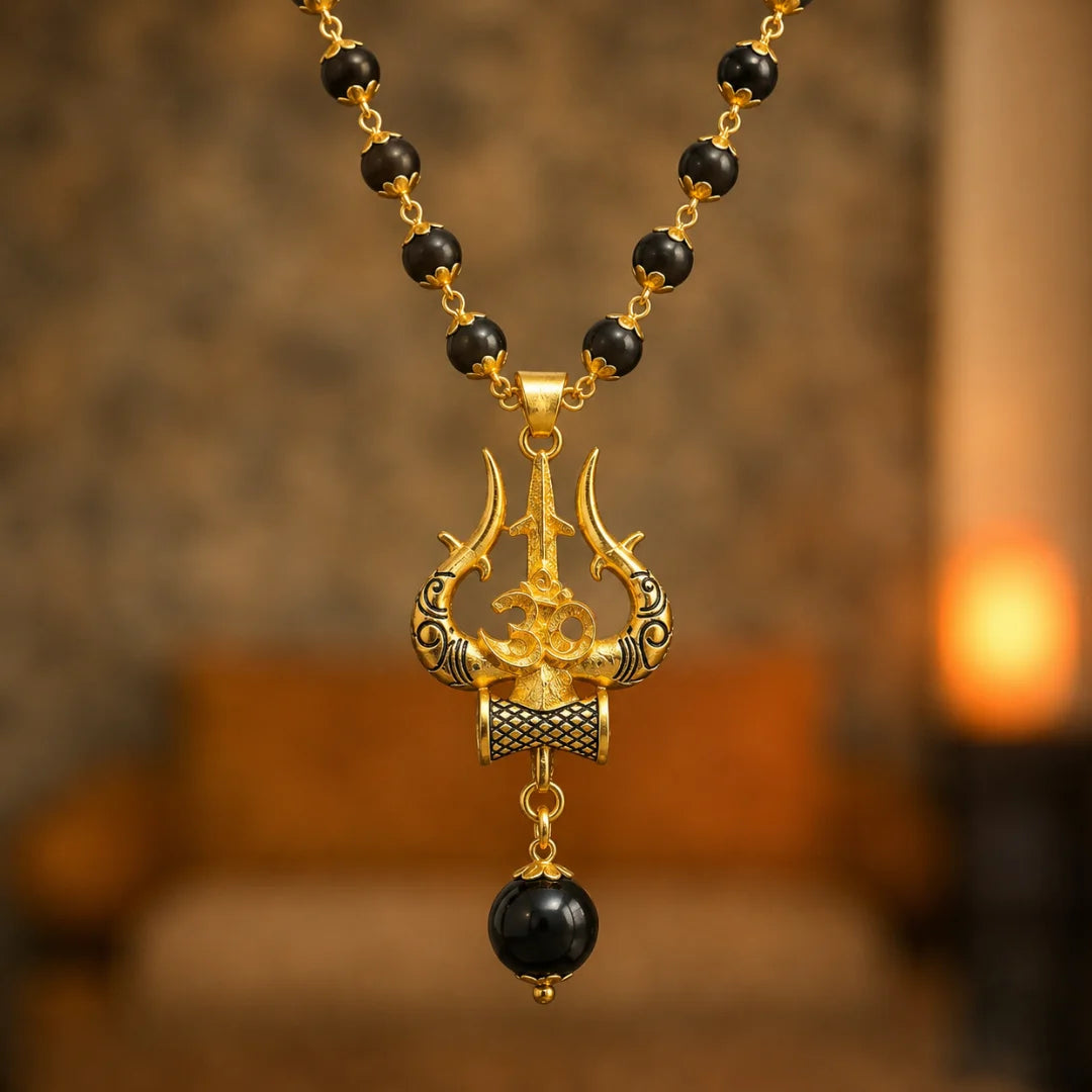 Gold Plated Karungali Mala with Shiv Trishul Pendant