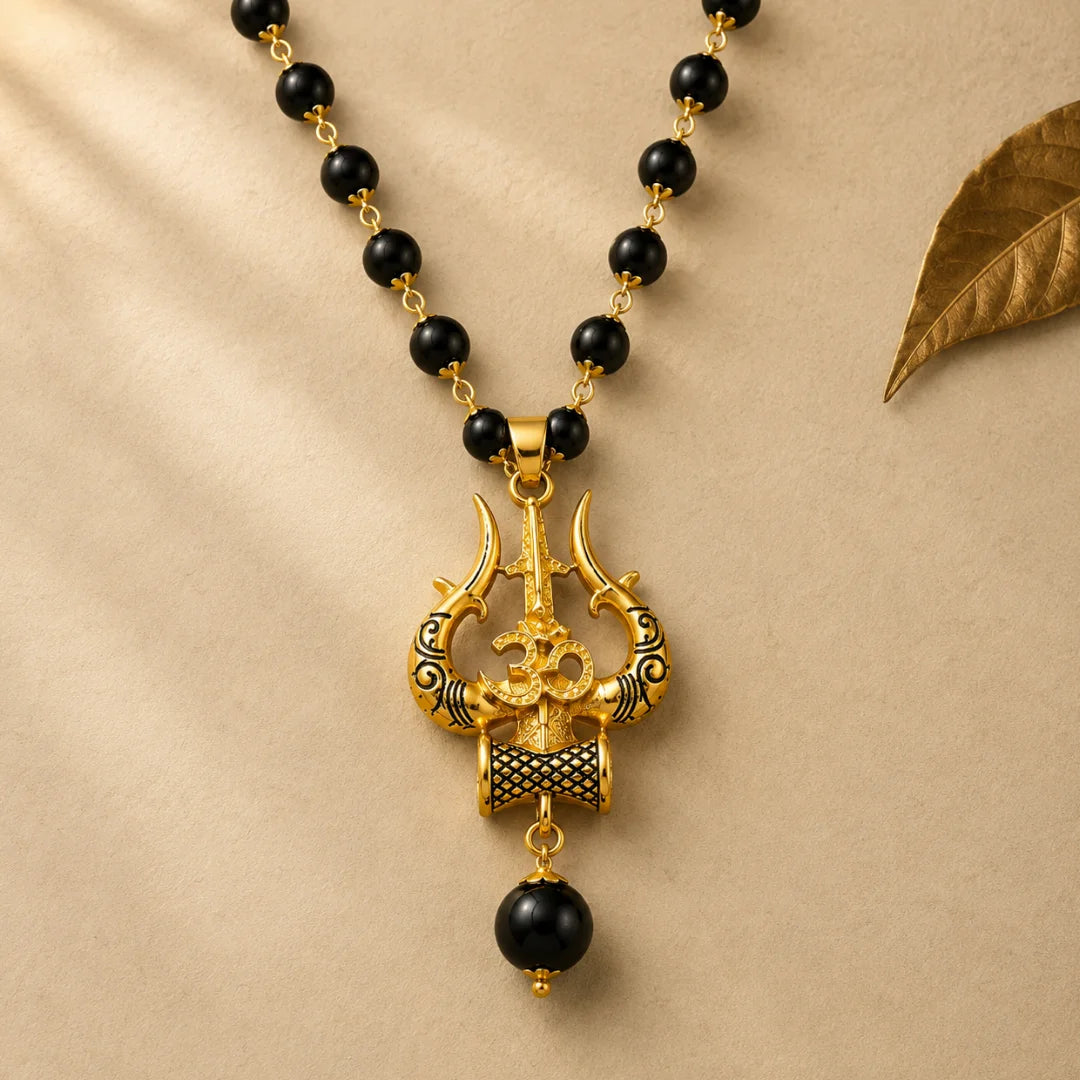 Gold Plated Karungali Mala with Shiv Trishul Pendant