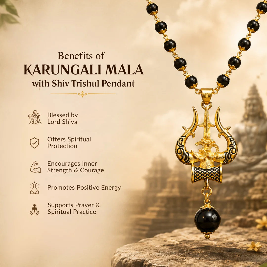 Gold Plated Karungali Mala with Shiv Trishul Pendant