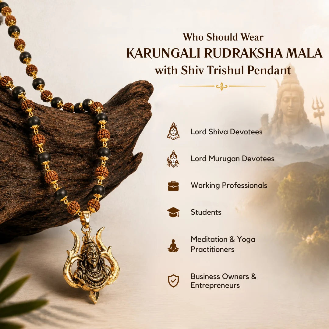 Gold Plated Karungali Rudraksha Mala with Shiv Trishul Pendant