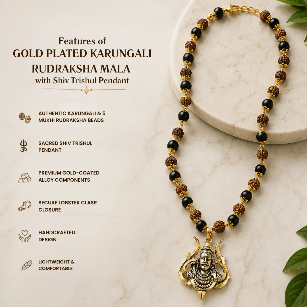 Gold Plated Karungali Rudraksha Mala with Shiv Trishul Pendant