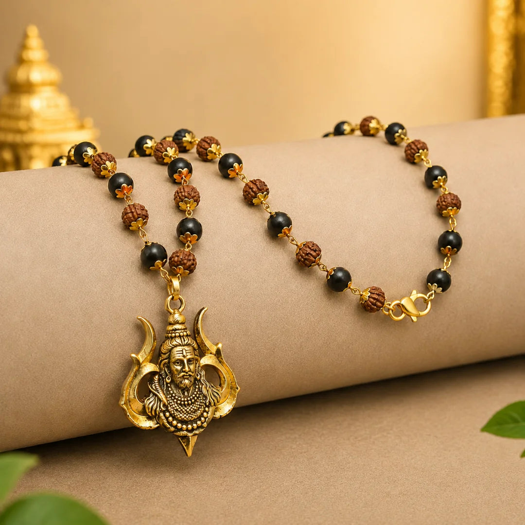 Gold Plated Karungali Rudraksha Mala with Shiv Trishul Pendant