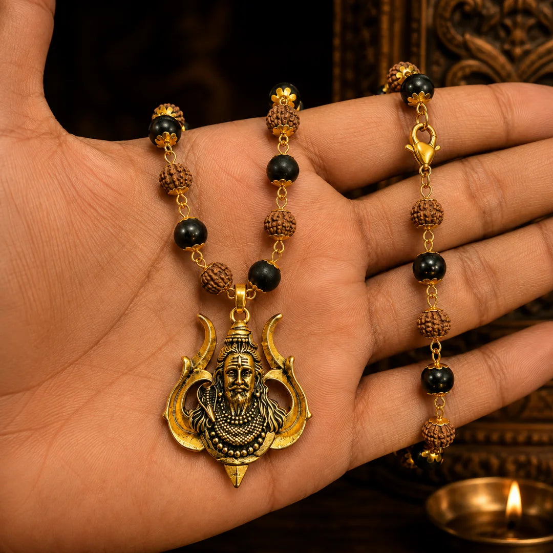 Gold Plated Karungali Rudraksha Mala with Shiv Trishul Pendant