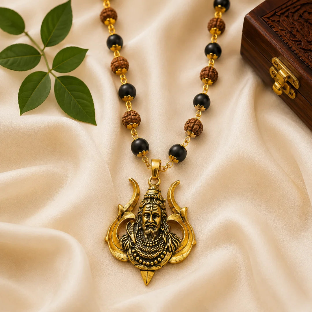 Gold Plated Karungali Rudraksha Mala with Shiv Trishul Pendant