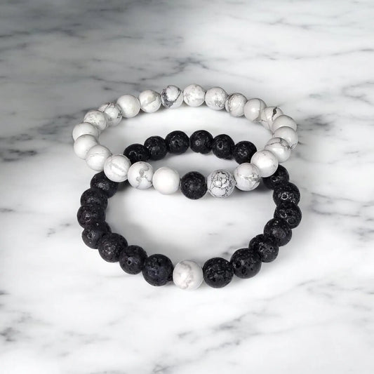 Black and White Bracelets for Couples - Howlite & Lava Stone