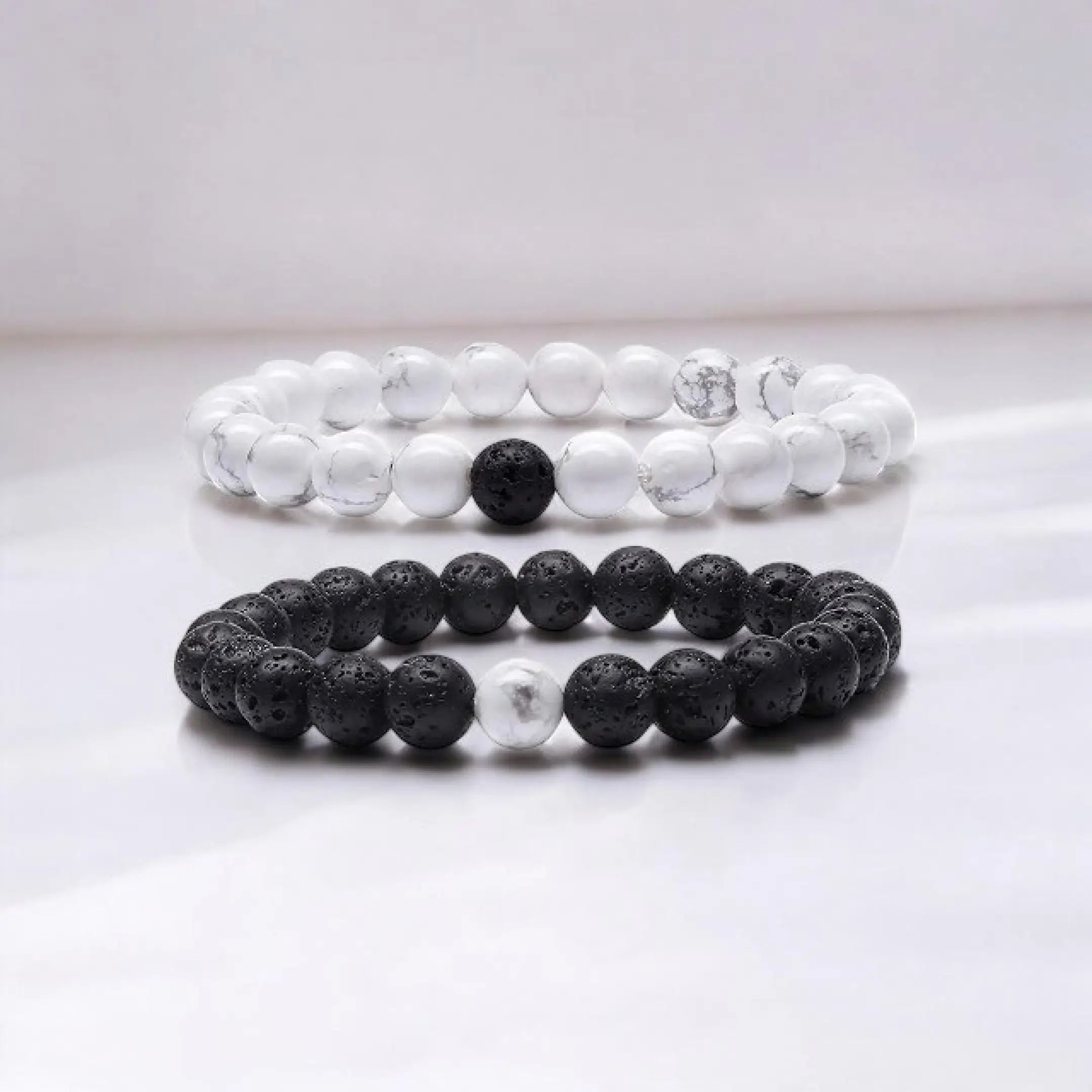 Black and White Bracelets for Couples - Howlite & Lava Stone