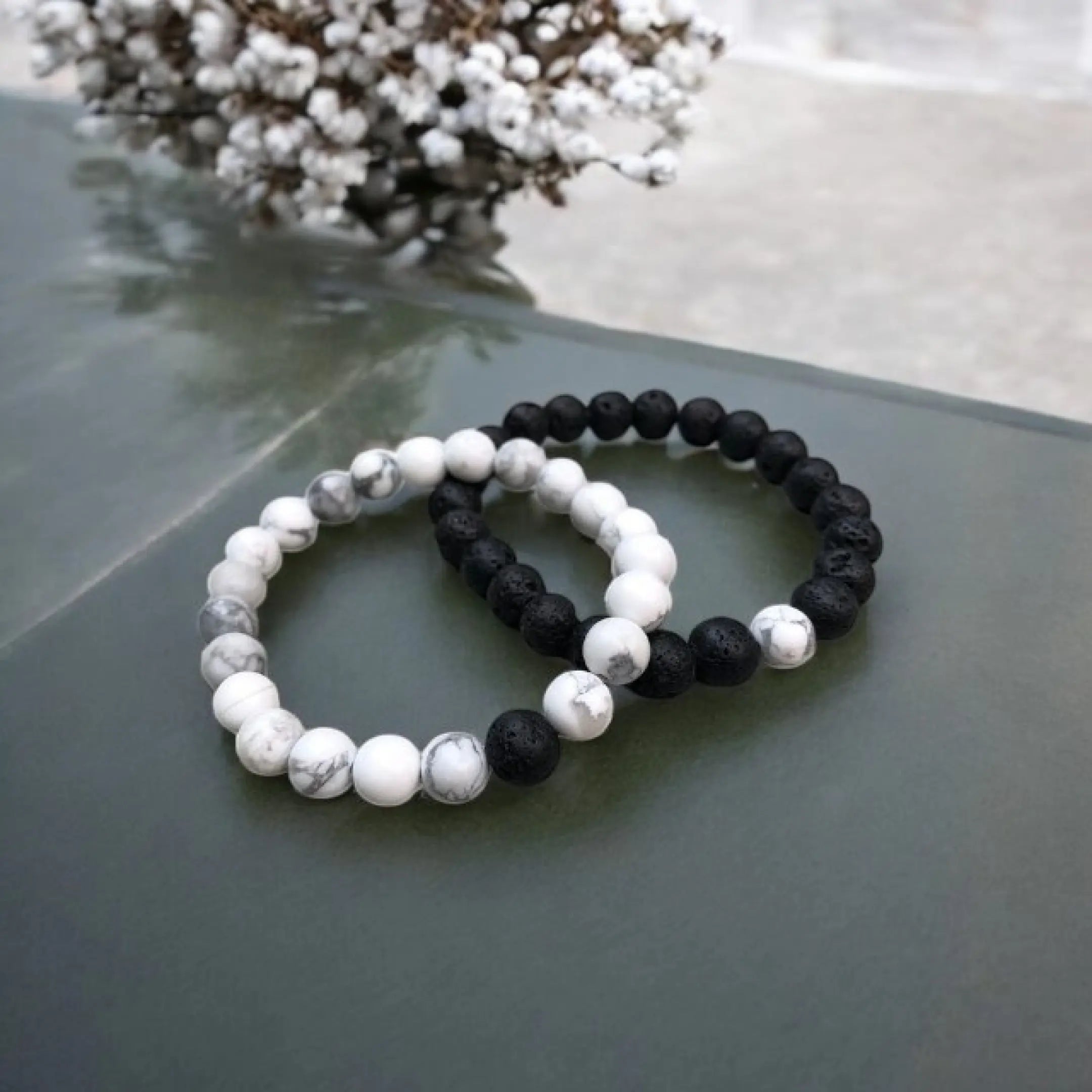 Black and White Bracelets for Couples - Howlite & Lava Stone