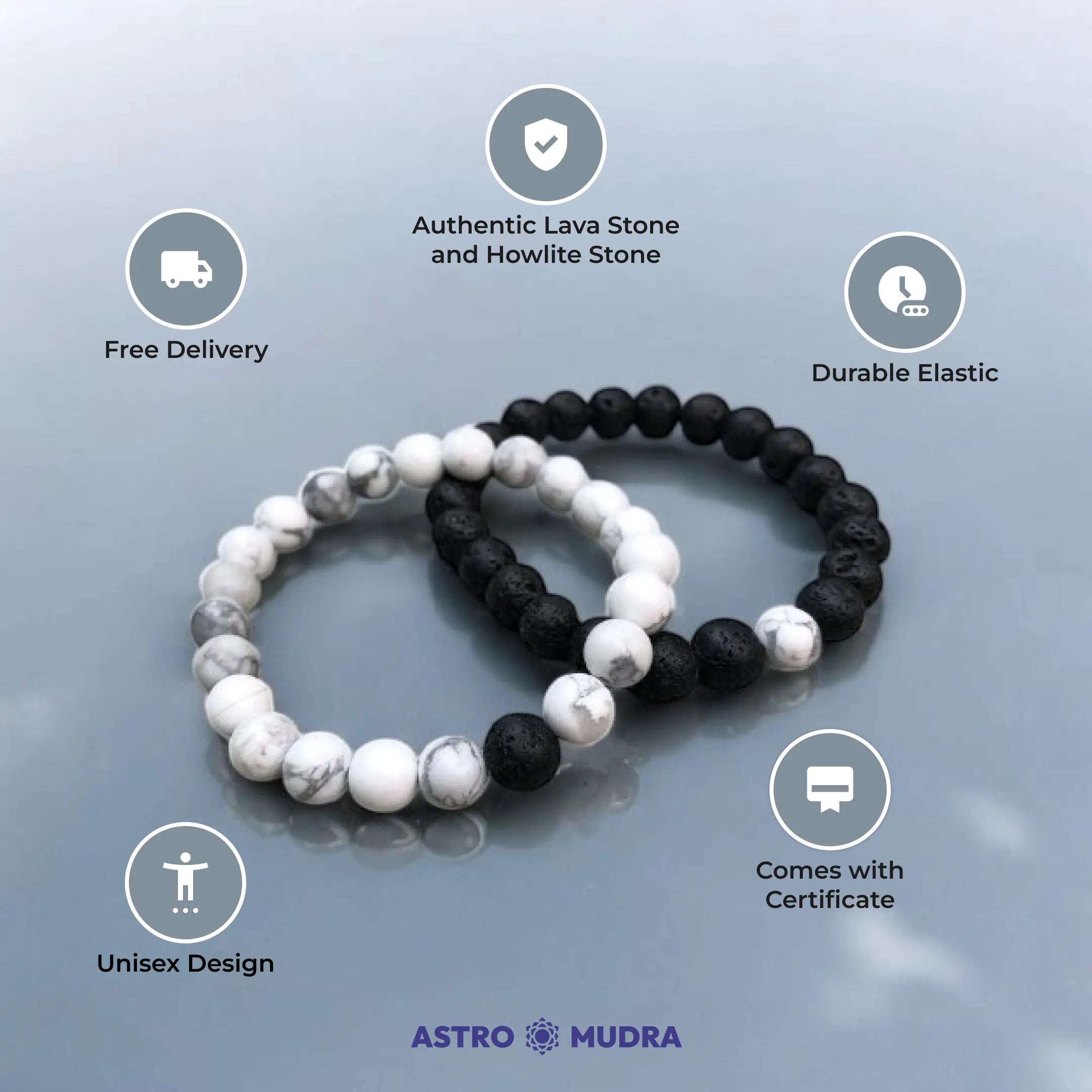 Black and White Bracelets for Couples - Howlite & Lava Stone